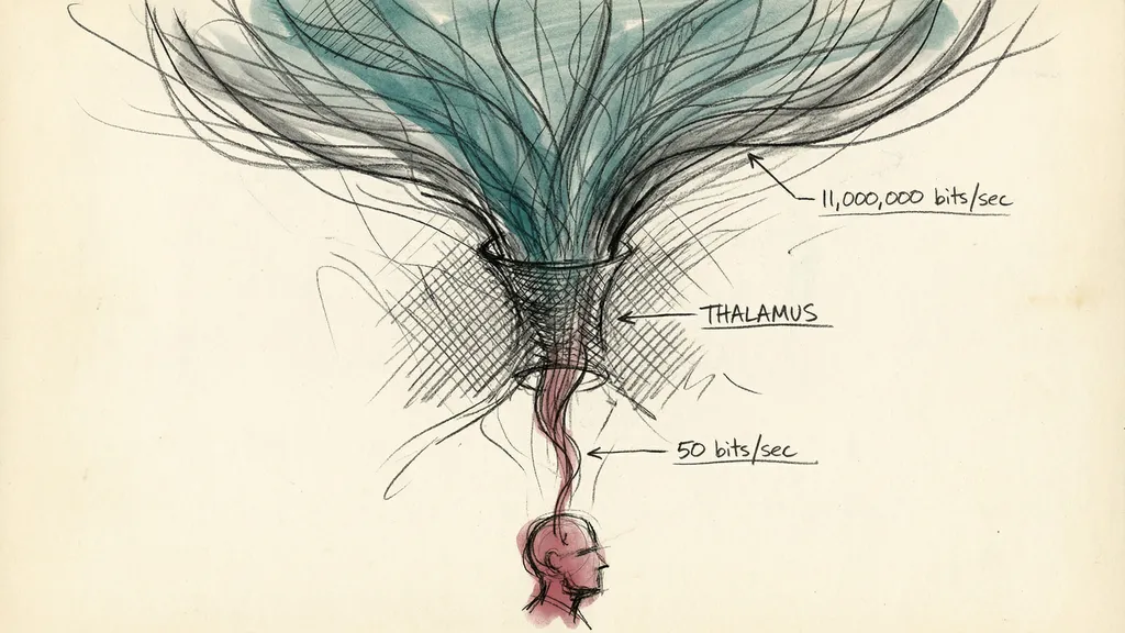 Charcoal diagram showing 11 million bits of sensory input narrowing through the thalamus to 50 bits of conscious awareness