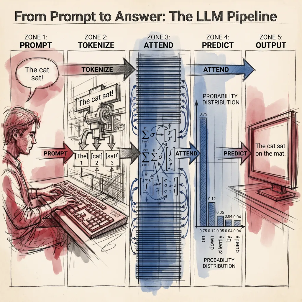 The pipeline from prompt to output through tokens, attention, and transformer layers