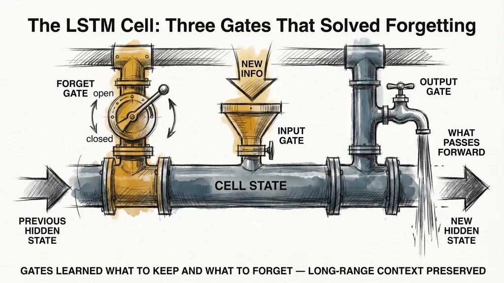 The LSTM cell showing three gates: forget, input, and output, controlling what the network keeps and passes forward