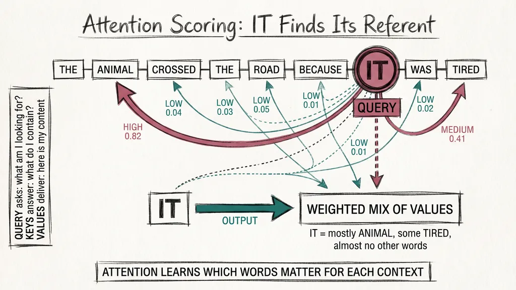Attention scoring: the word IT as a query comparing against key vectors for every word in the sentence, with ANIMAL scoring high and function words scoring low, outputting a weighted mix
