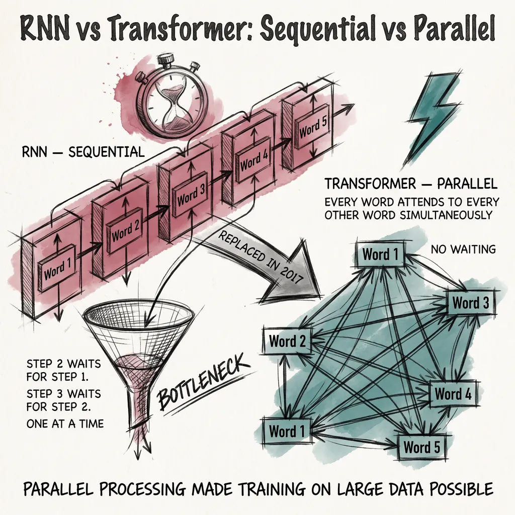 RNN sequential processing versus transformer parallel attention: the bottleneck that killed RNNs versus the all-to-all connections that replaced them