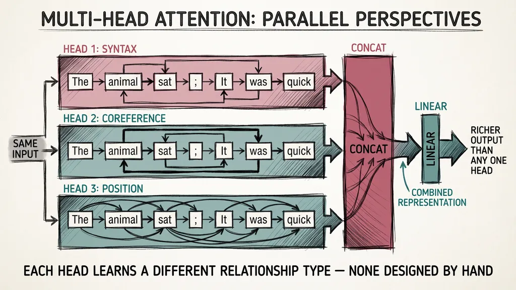 Multi-head attention: three parallel heads — syntax, coreference, position — running simultaneously and combining into a single output through a concat-linear step