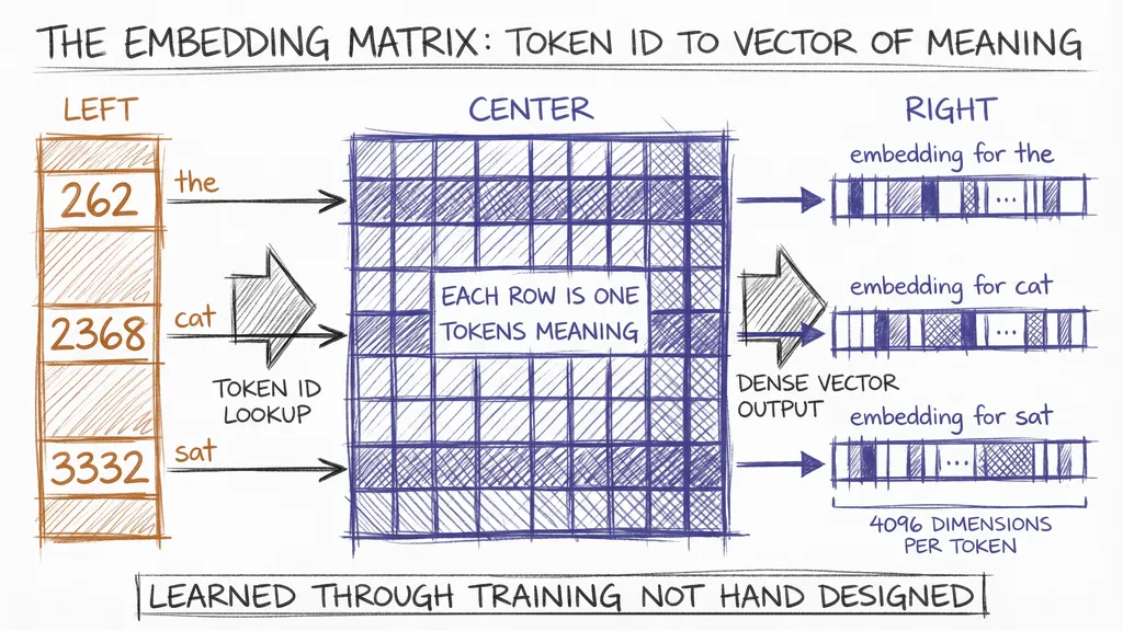 The embedding matrix: how every token ID maps to a dense vector of meaning through a learned lookup table