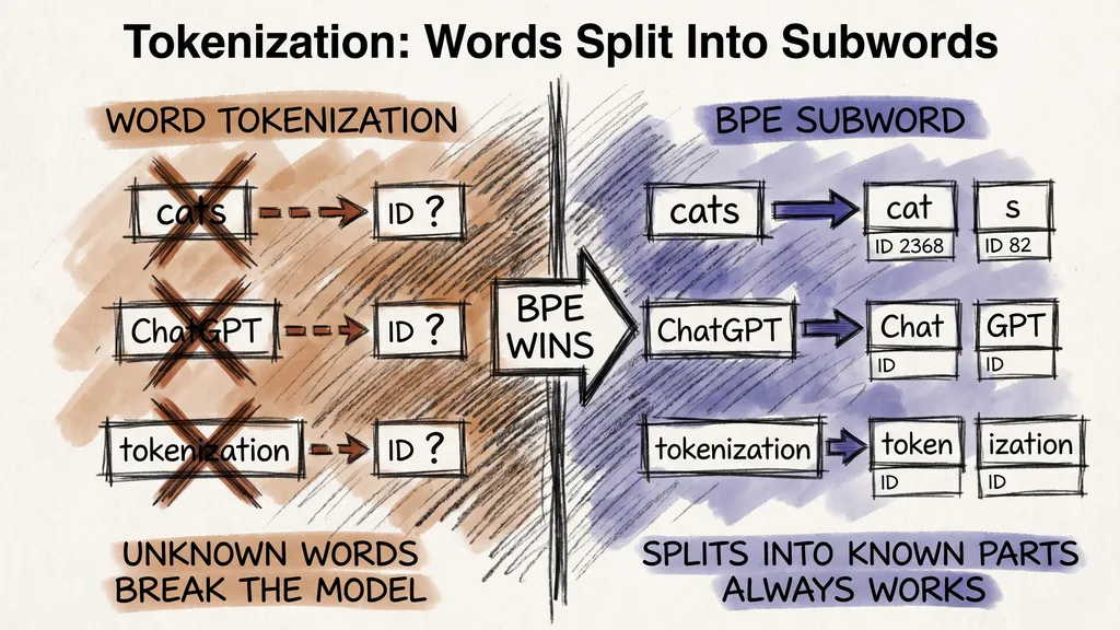 Tokenization: word-level dictionaries fail on unknown words, while BPE splits everything into known subwords that always work