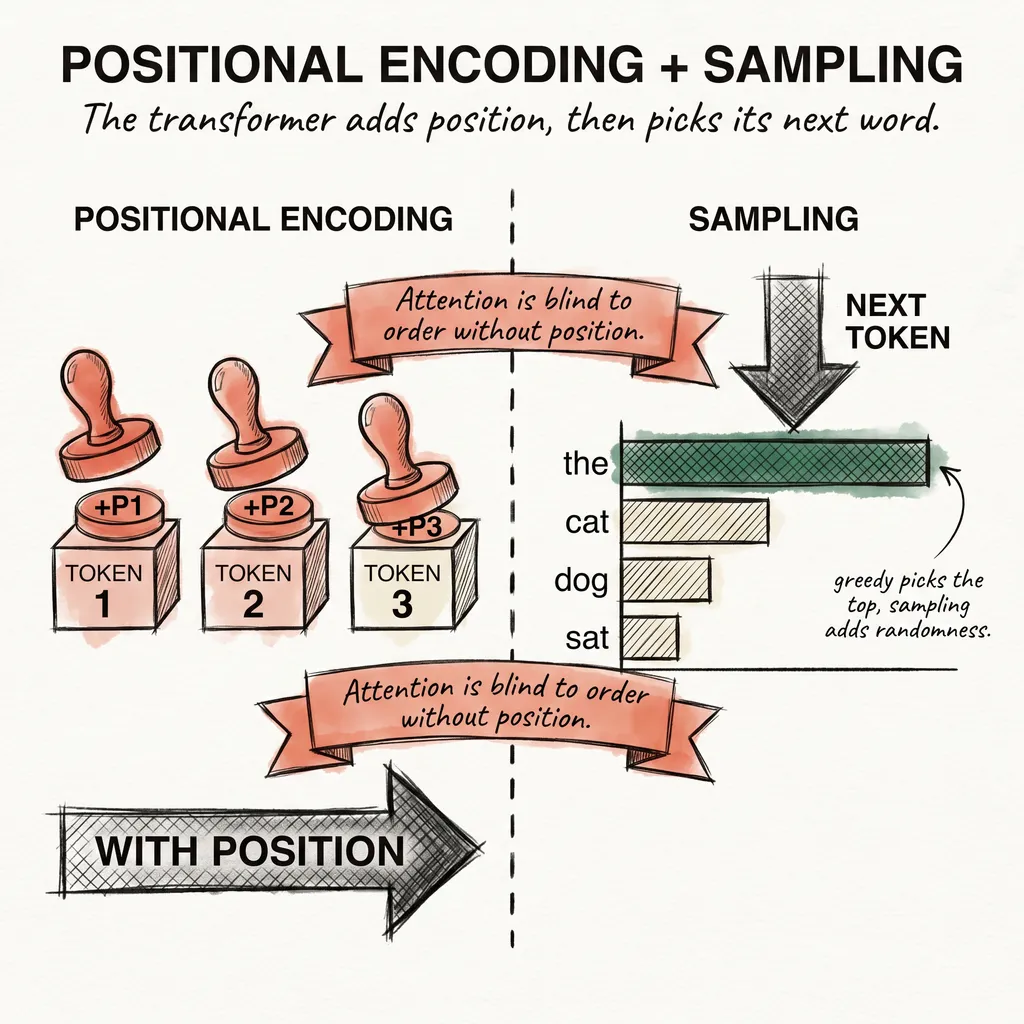 Positional Encoding and Sampling: How the Transformer Finds Position and Picks Its Next Word