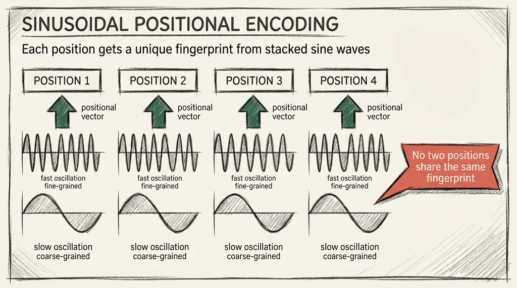 Sinusoidal positional encoding: four token positions each receive a unique fingerprint from stacked sine and cosine waveforms at different frequencies