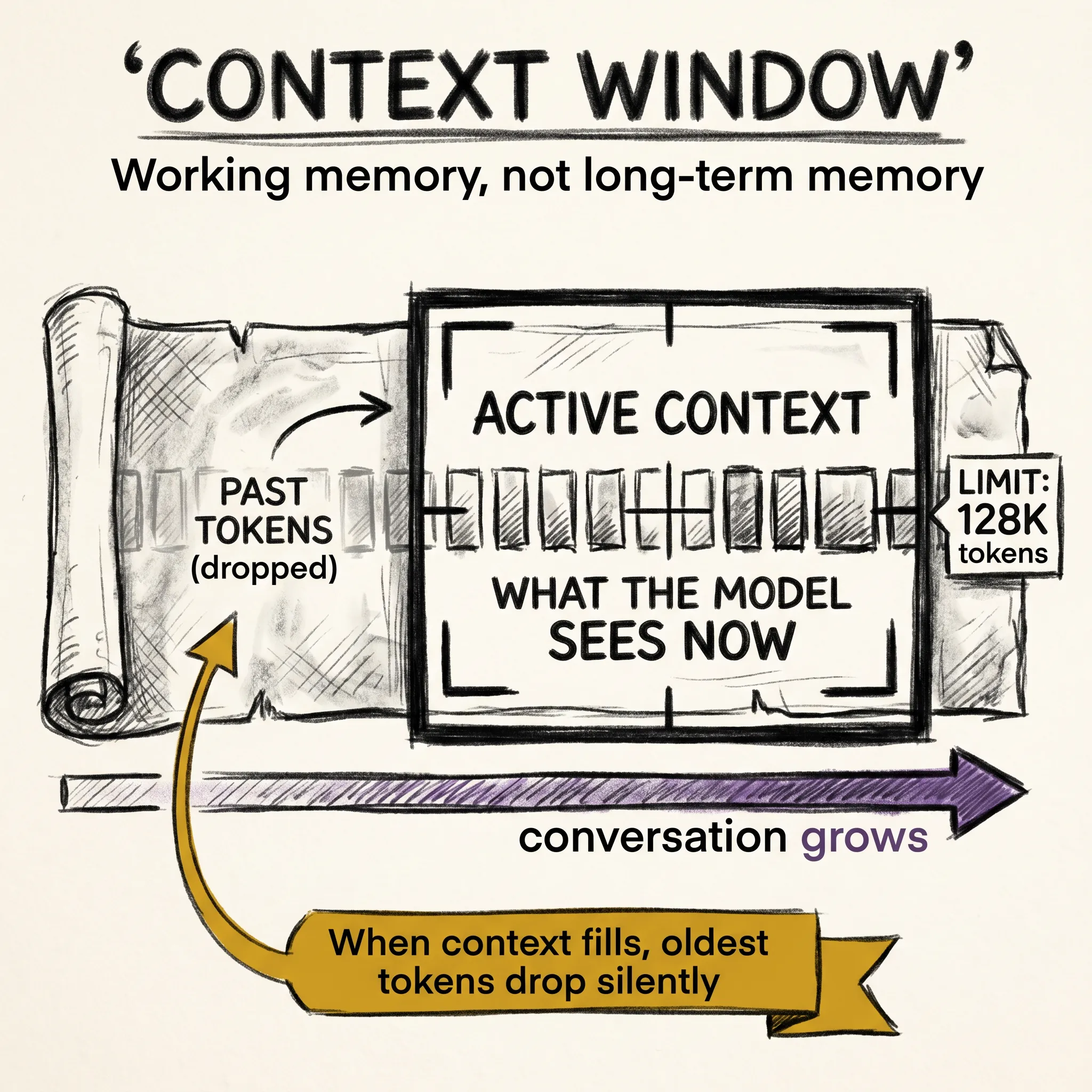 The context window as a sliding frame over a document: the model sees only what fits inside the frame, everything outside is invisible