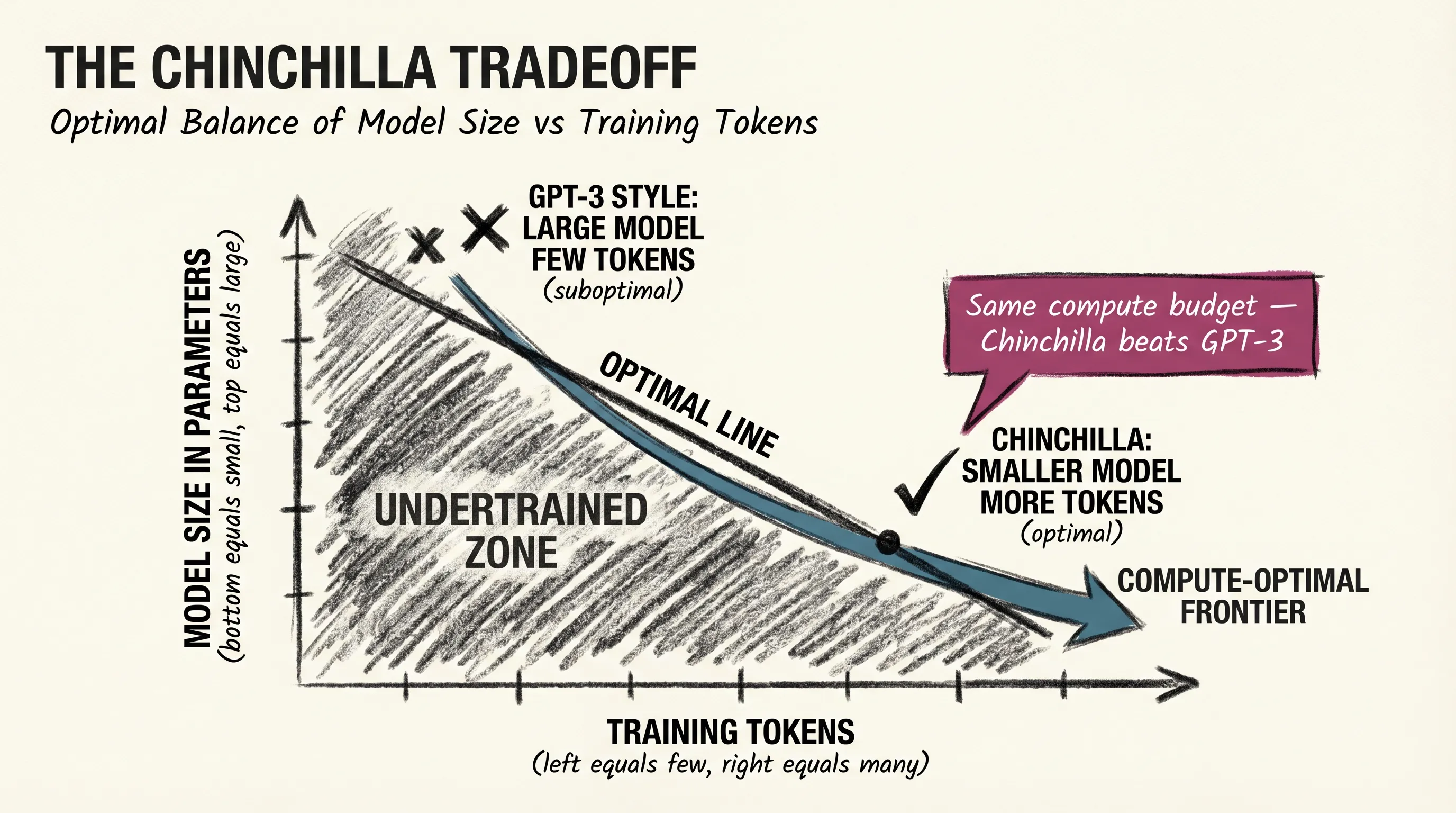 The Chinchilla tradeoff: optimal balance of model size vs training tokens on a fixed compute budget