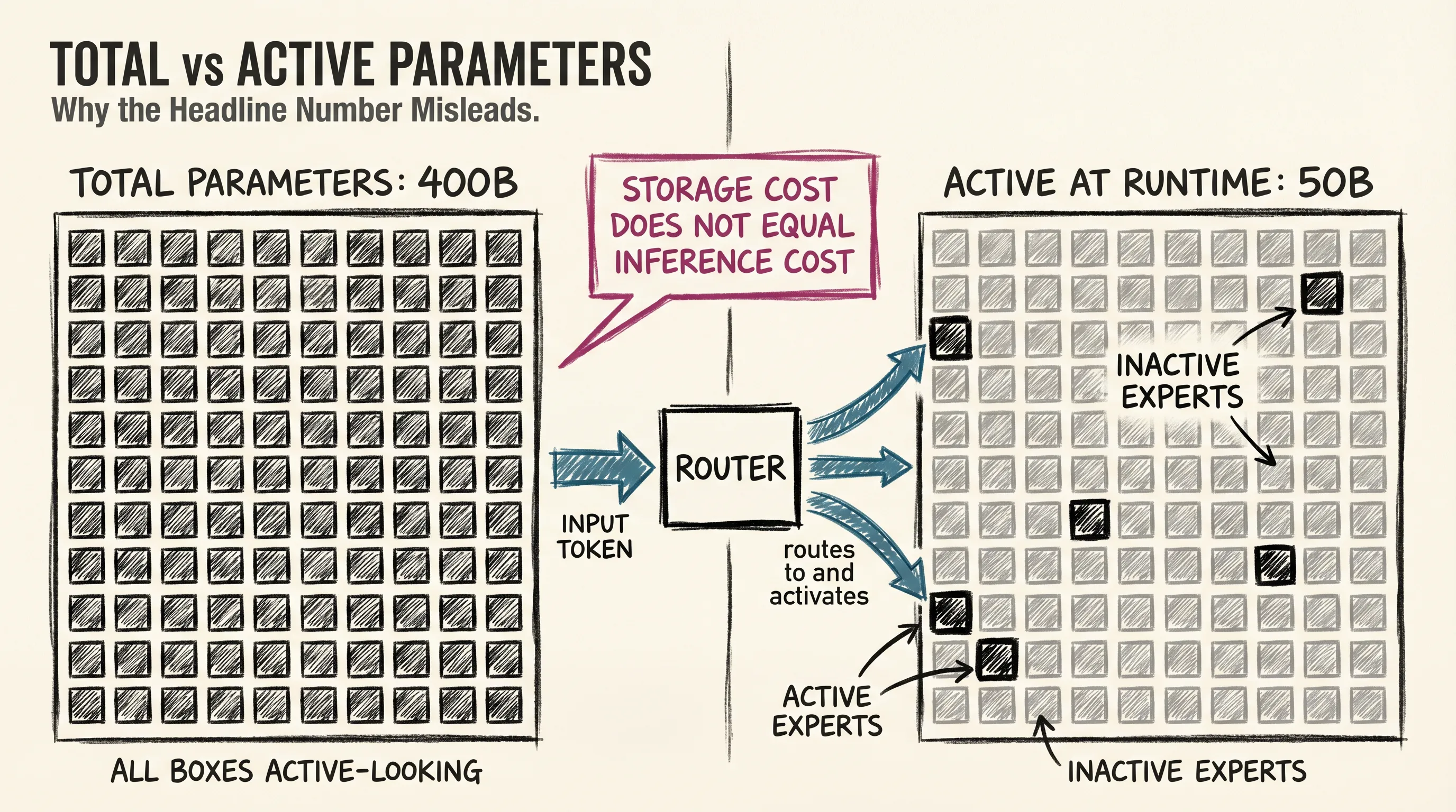 Total vs active parameters in a Mixture of Experts model: why 400B stated does not mean 400B running