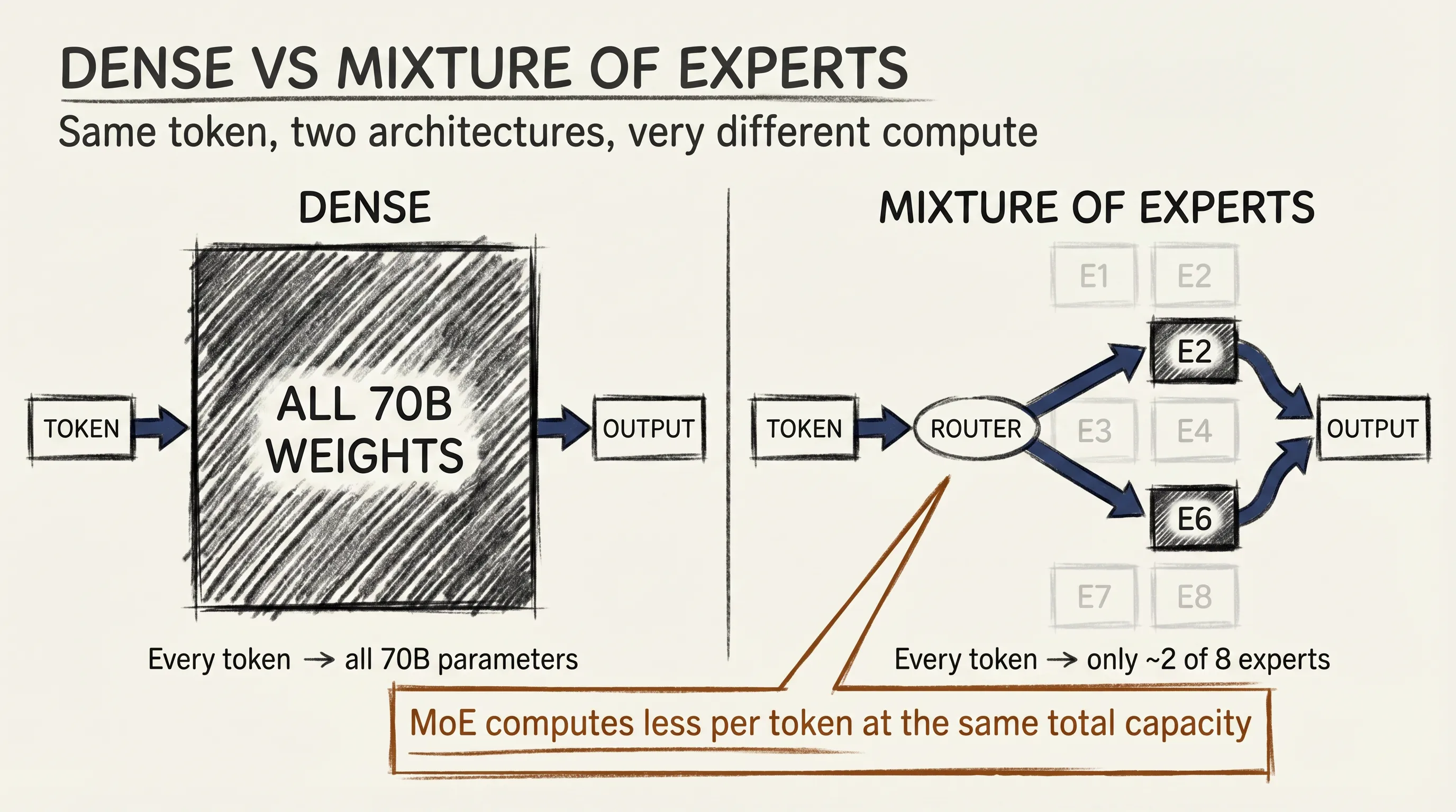 Side-by-side comparison: a dense layer processes one token through all weights, an MoE layer processes the same token through only two of eight expert blocks