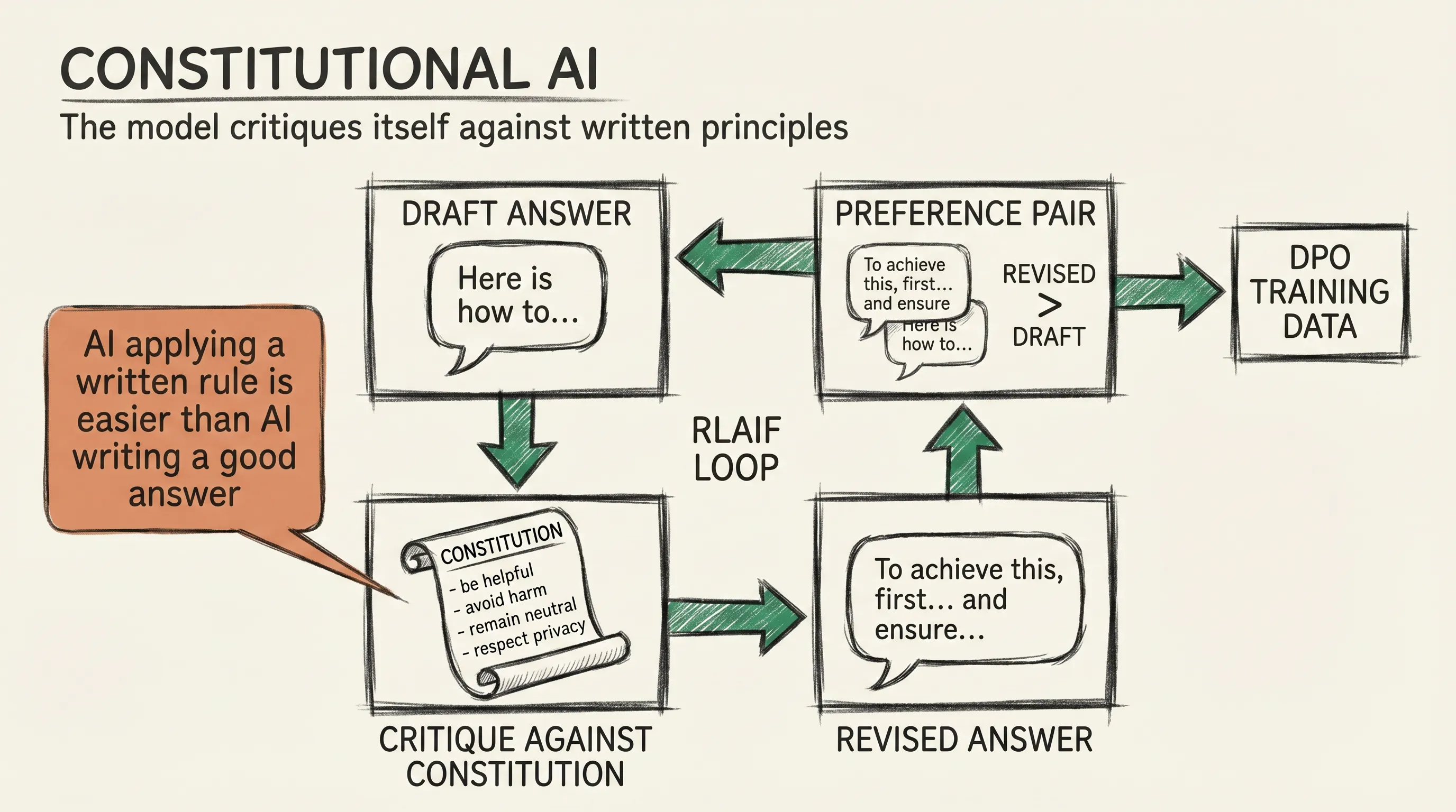 Constitutional AI loop: the model writes a draft answer, critiques it against a written principle such as be helpful and harmless, revises the answer, and that pair becomes preference data for DPO
