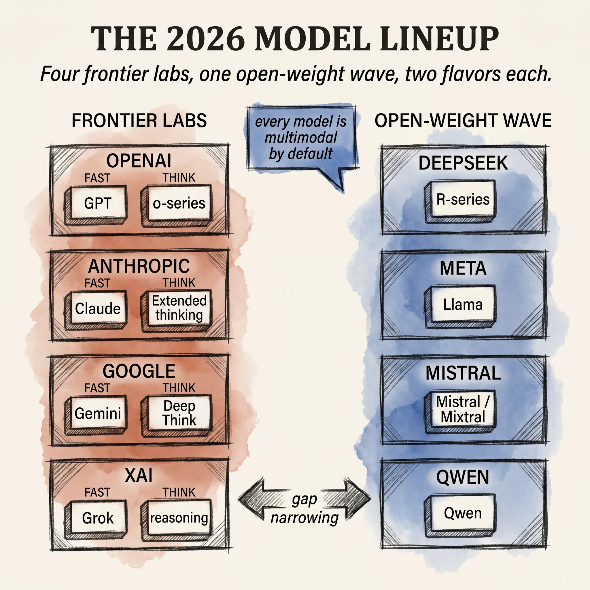 A 2026 model lineup chart with four frontier labs on the left and the open-weight wave on the right, each lab shipping both a fast and a thinking flavor