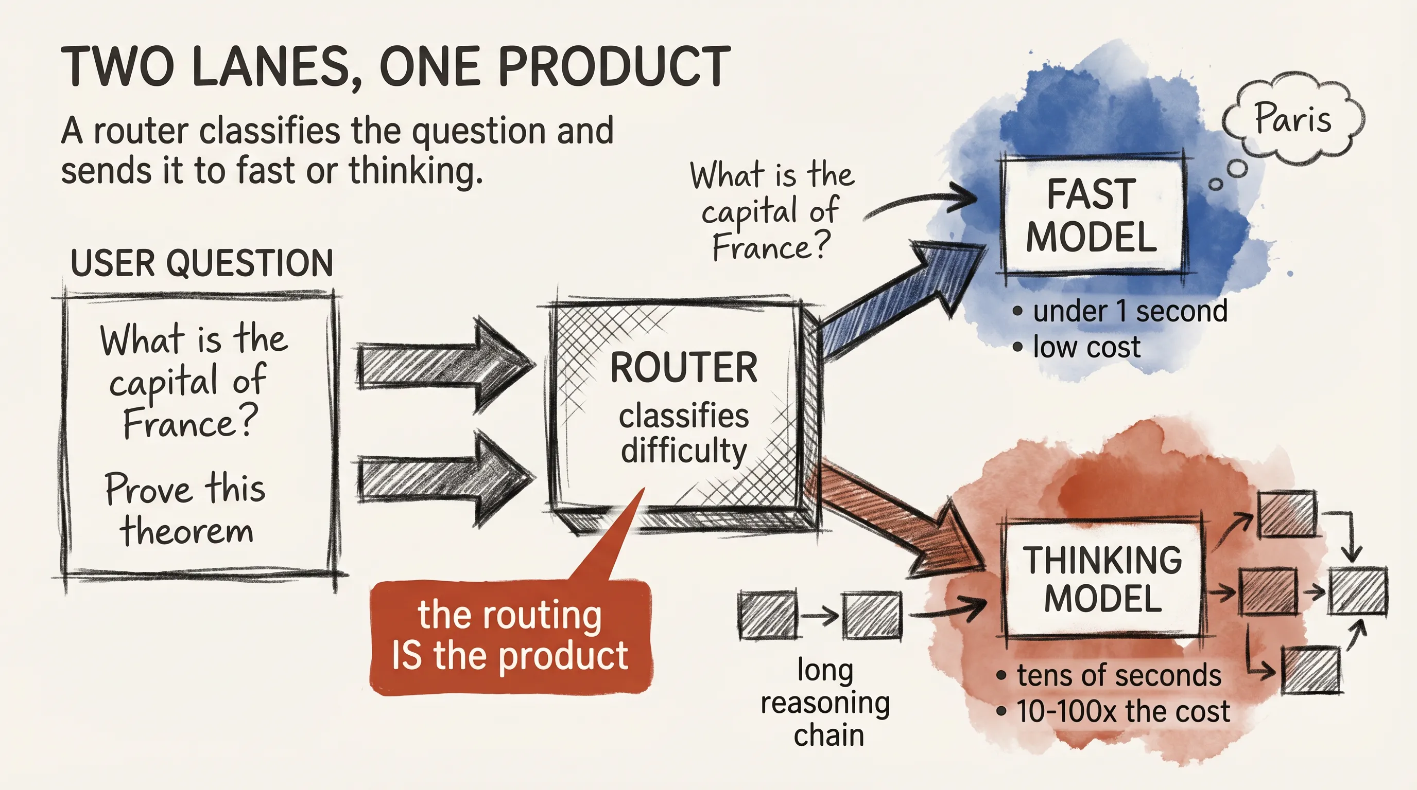 A two-lane router: incoming questions get classified by difficulty and sent to either a fast model (under one second, low cost) or a thinking model (tens of seconds, ten to a hundred times the cost)