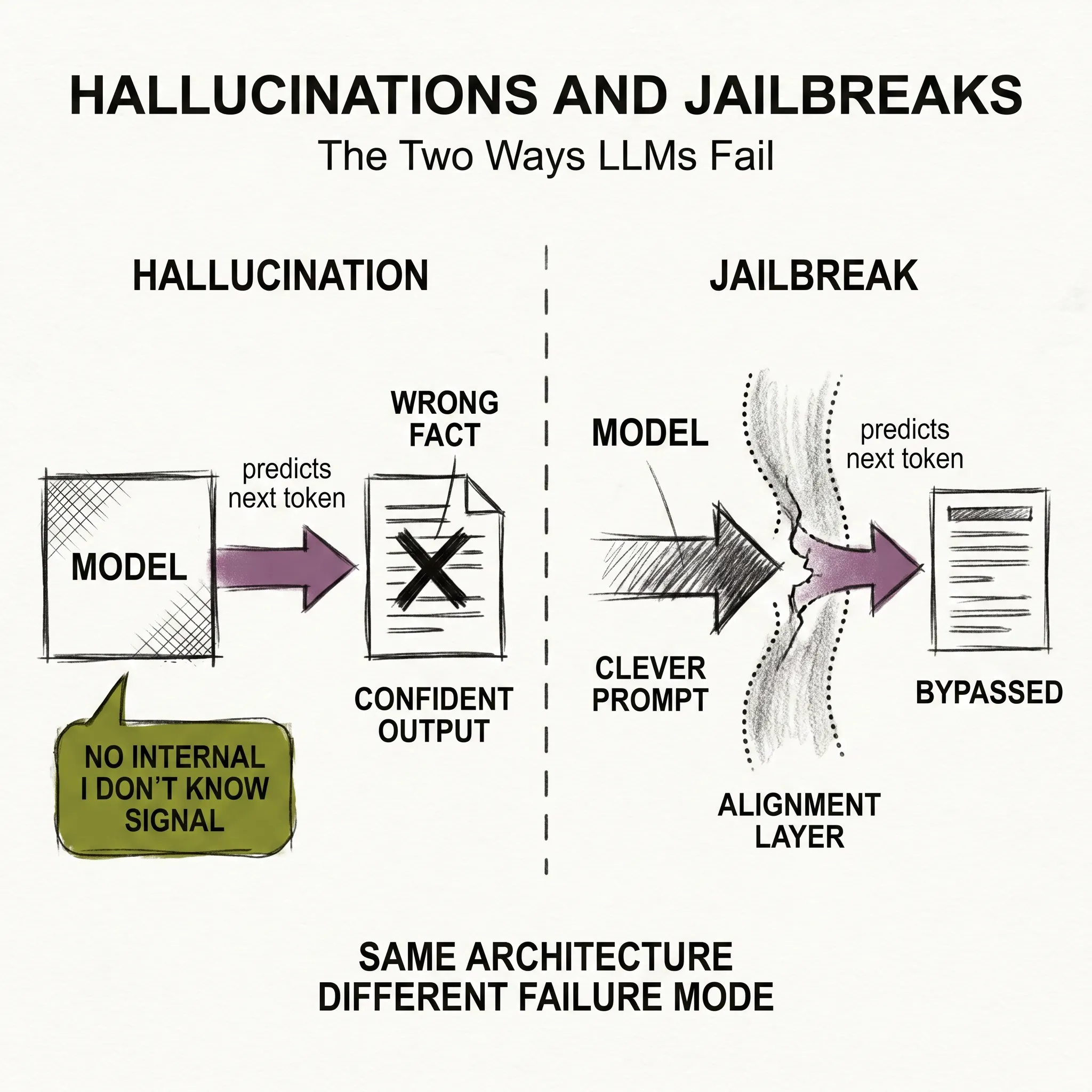 Diagram showing the gap between token prediction confidence and factual accuracy, with hallucinations emerging from the prediction process