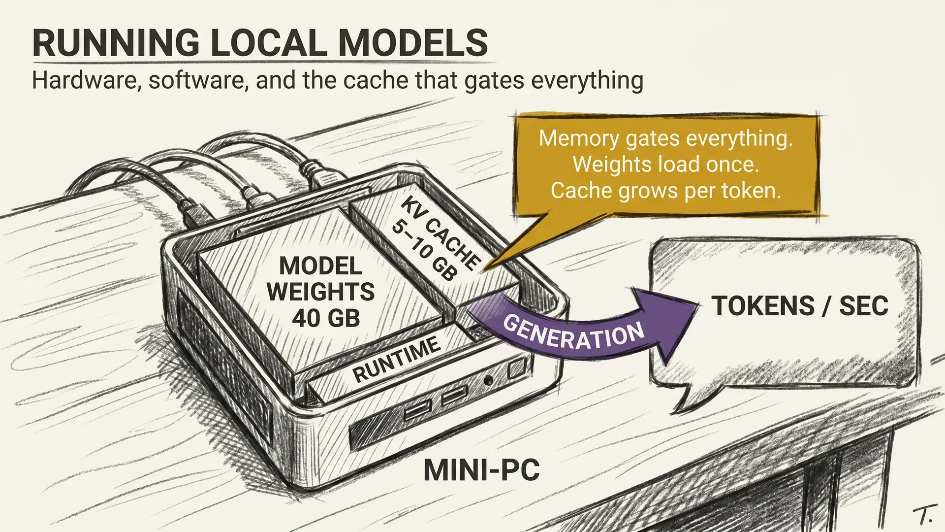 Hero: a charcoal sketch showing a small mini-PC under a desk running a 70B model, with labels for VRAM, weights, KV cache, and tokens per second