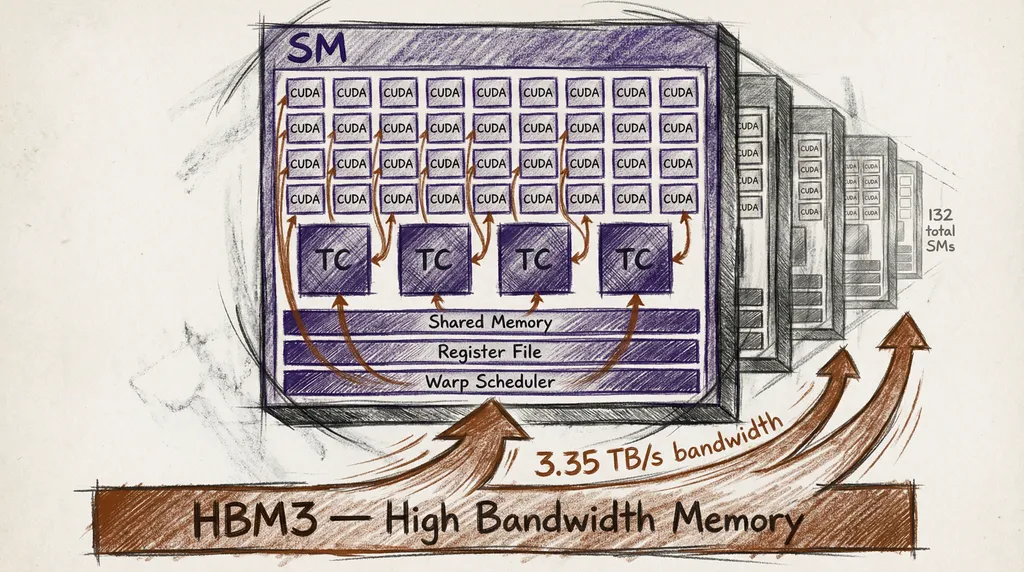 GPU Streaming Multiprocessor architecture with CUDA cores, Tensor Cores, and HBM3 memory