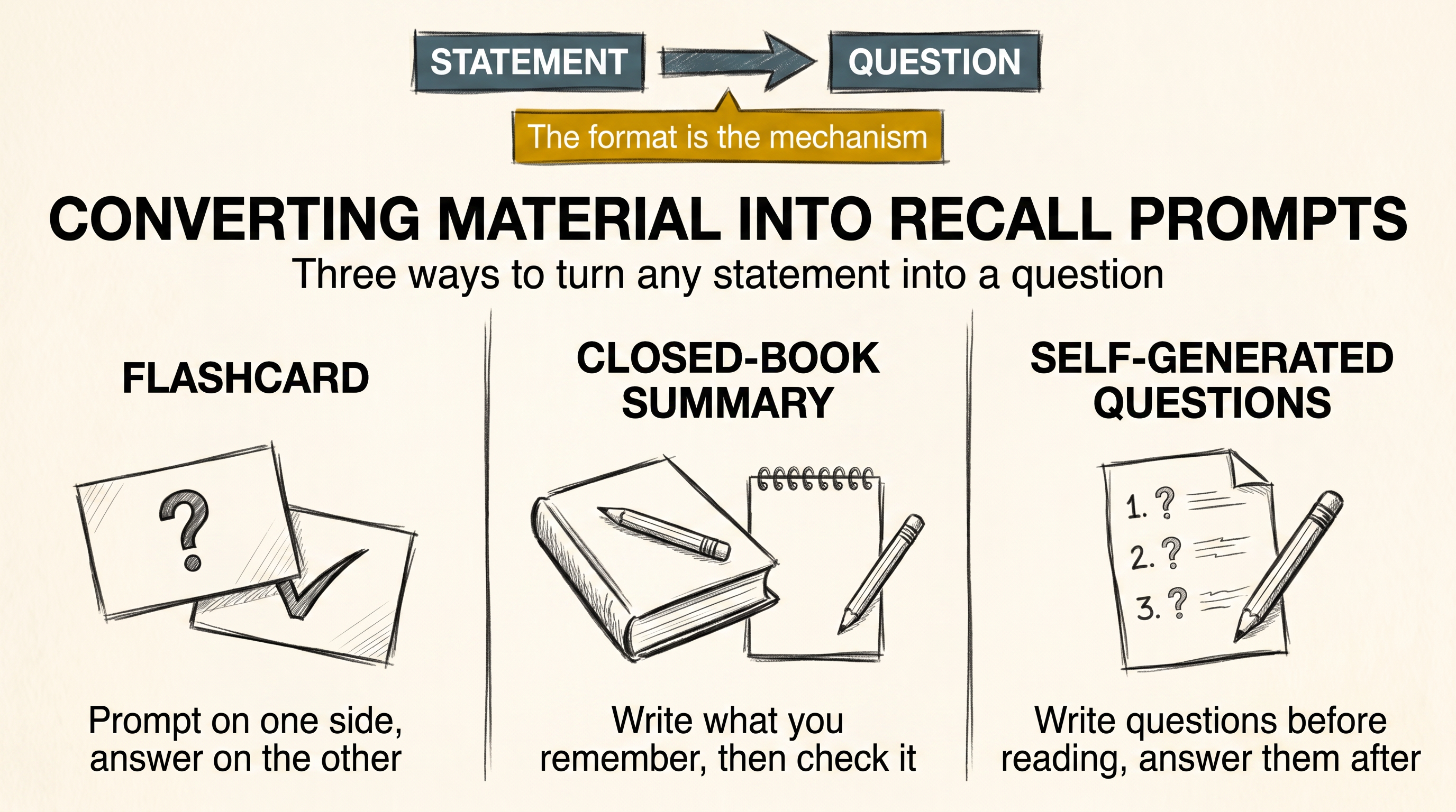 Converting Material Into Recall Prompts: the flashcard, closed-book summary, and self-generated question set methods, each turning a statement into a question