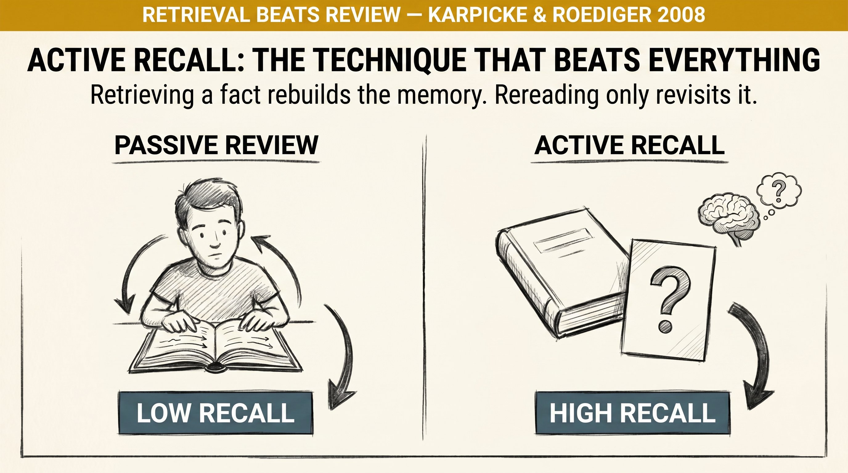 Active Recall: The Technique That Beats Everything: closing the book and retrieving information from memory instead of re-reading it