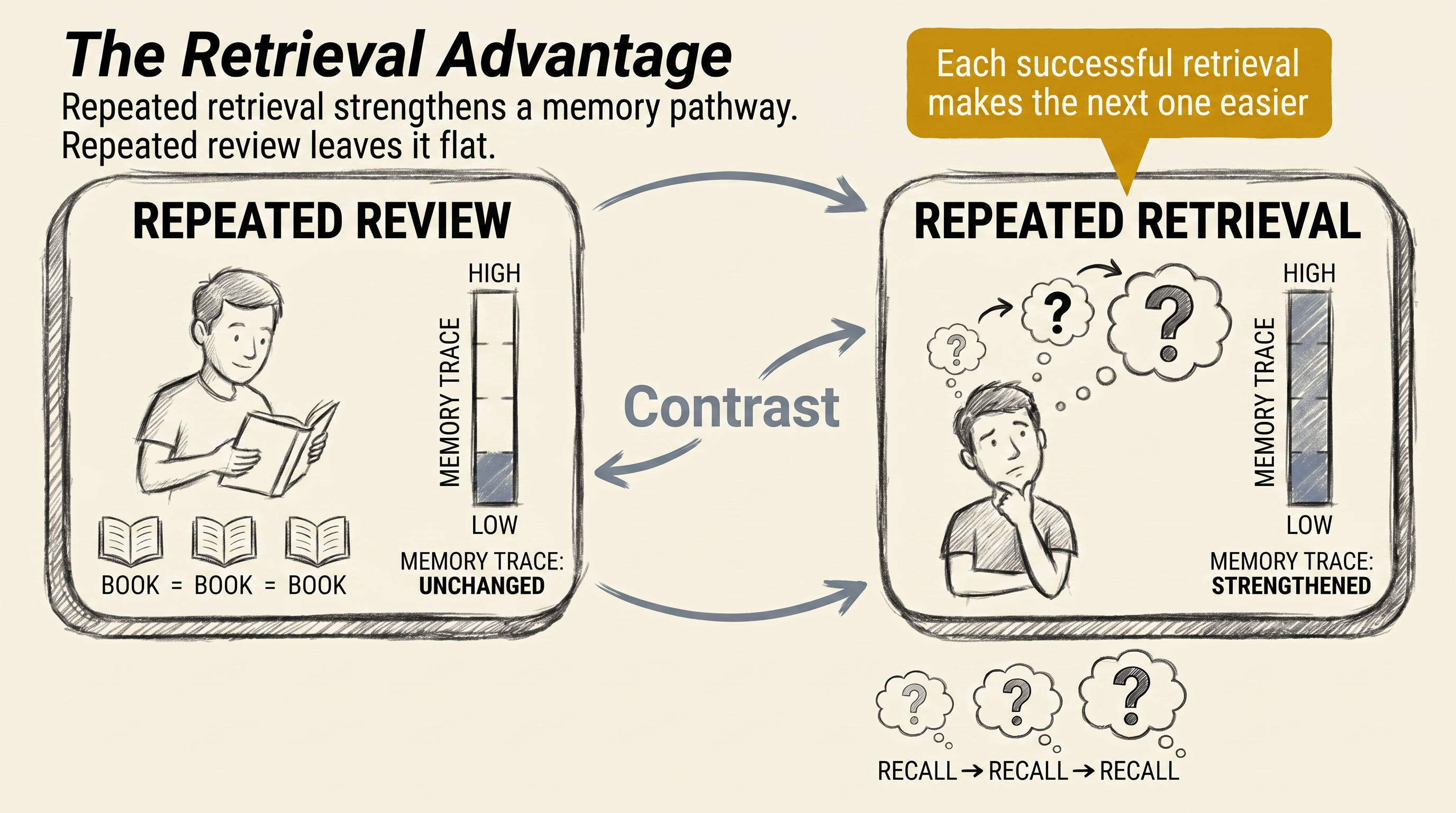 The Retrieval Advantage: repeated retrieval strengthens memory pathways where repeated review leaves them unchanged
