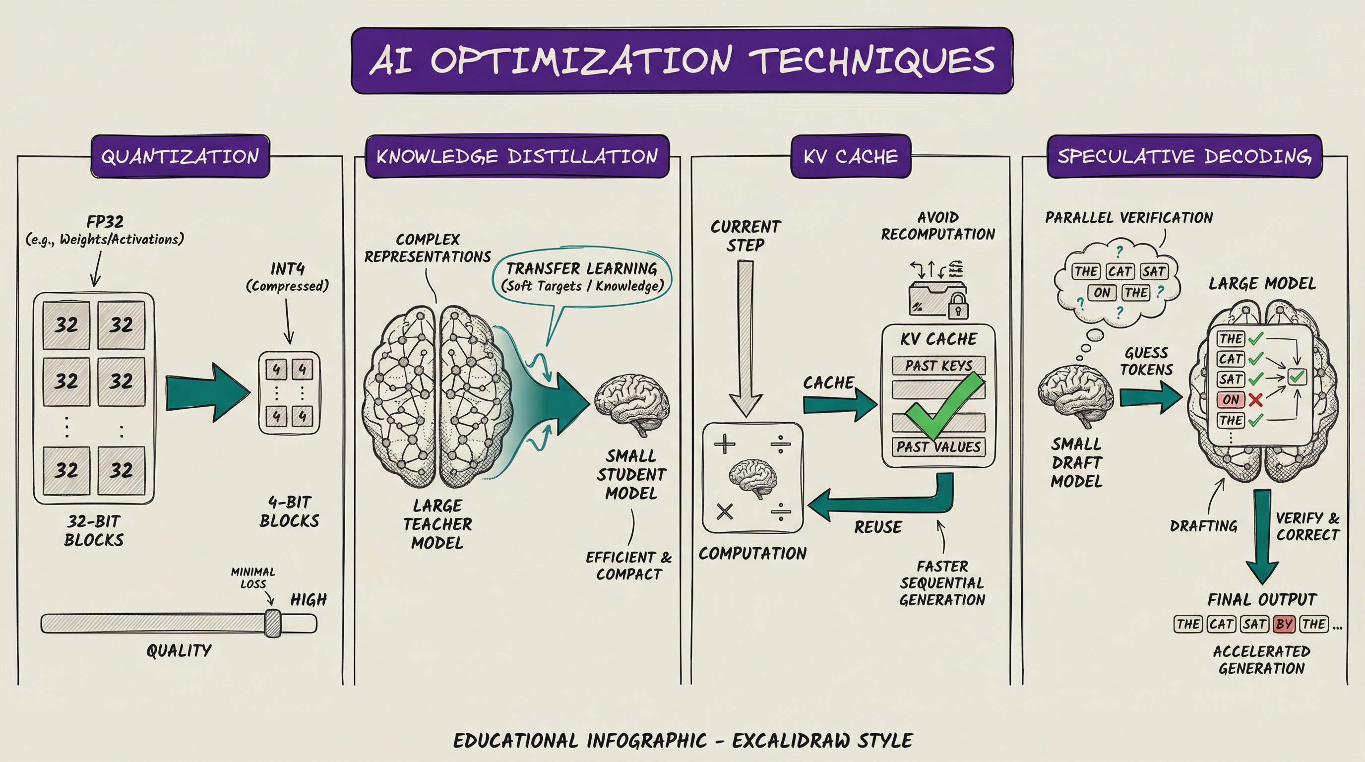 Four key inference optimization techniques: quantization, distillation, KV cache, and speculative decoding