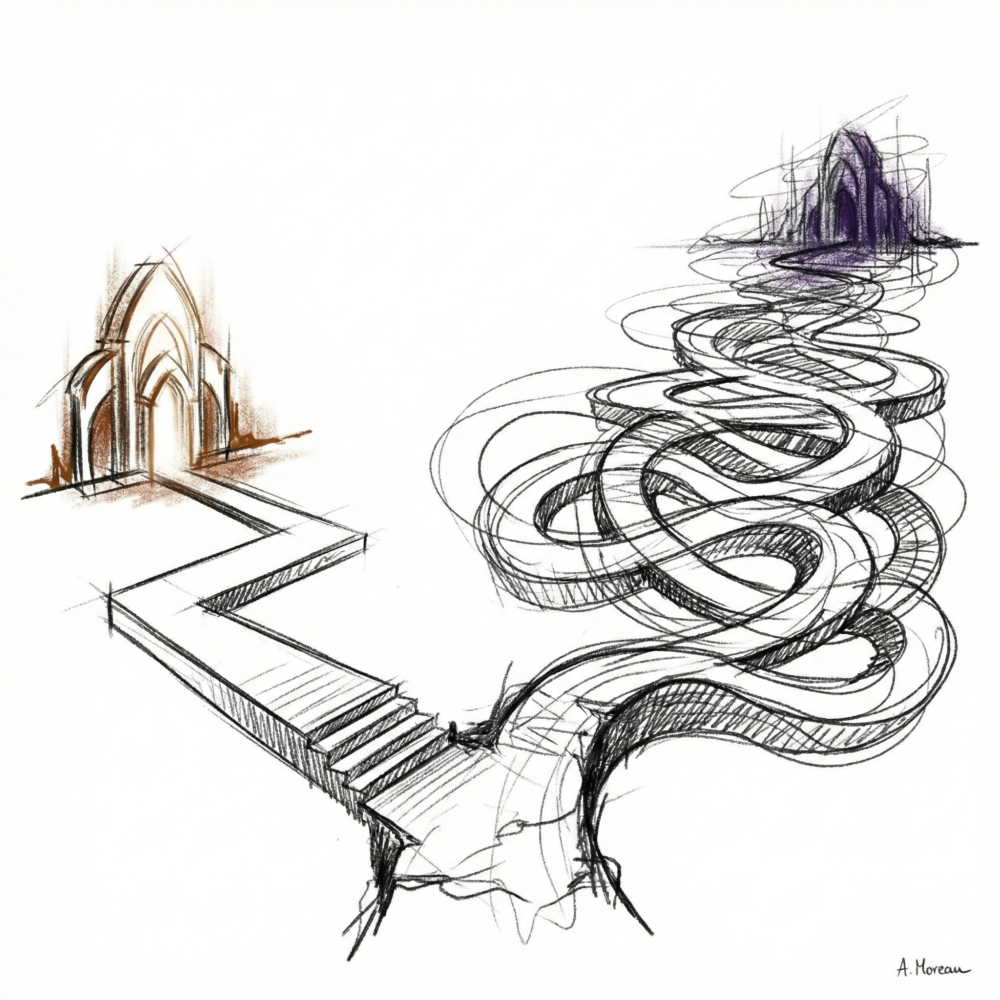 Two paths to the same destination, one efficient and direct, one winding and circuitous