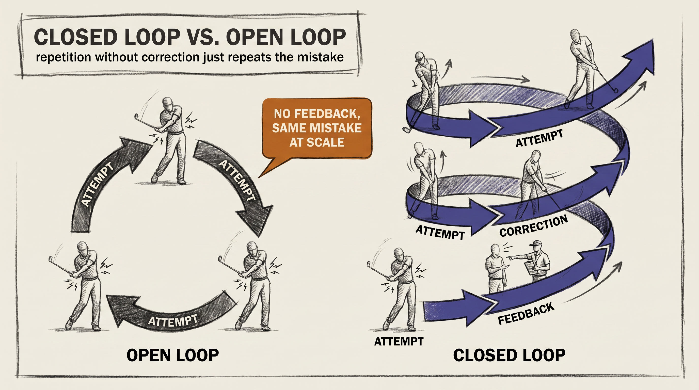 Closed Loop vs. Open Loop: mindless repetition drifts because nothing corrects it, deliberate practice closes the loop with fast specific feedback