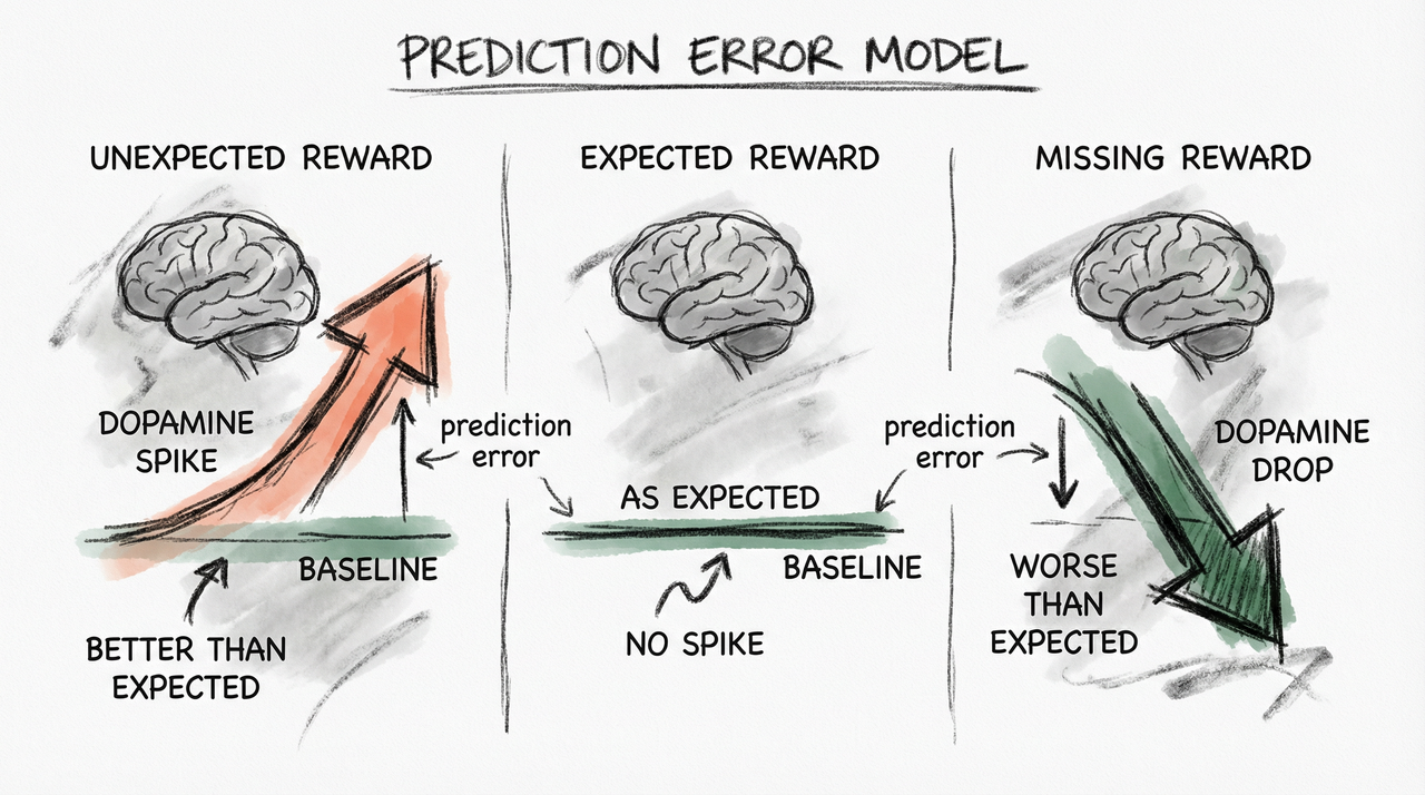Charcoal sketch showing dopamine prediction error: unexpected reward spikes dopamine up, expected reward produces no signal, missing reward drops dopamine below baseline