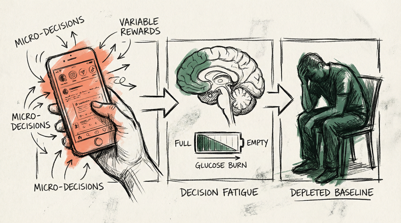 Charcoal sketch showing how phone scrolling triggers micro-decisions draining prefrontal cortex energy while variable rewards keep dopamine flowing