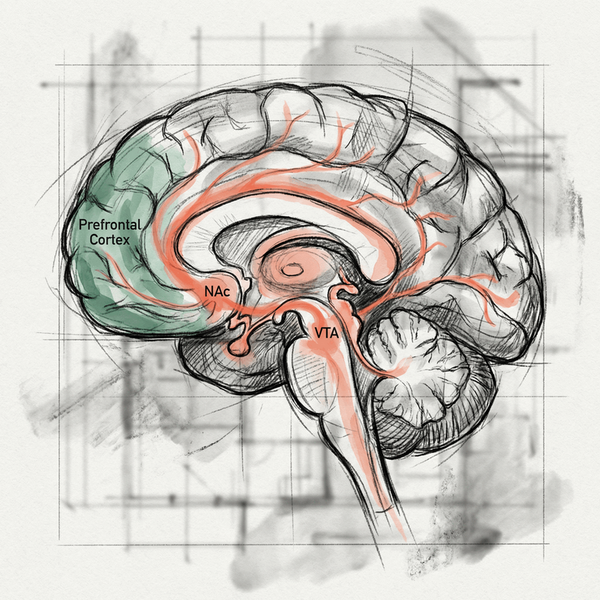 Charcoal sketch of dopamine pathways in the brain
