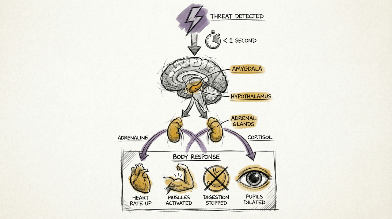 Educational diagram showing the amygdala threat detection pathway and physiological response cascade