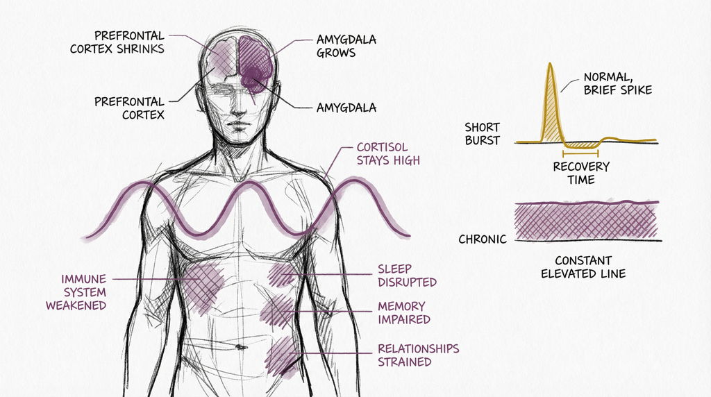 Educational diagram illustrating the health and cognitive effects of chronic fight-or-flight activation