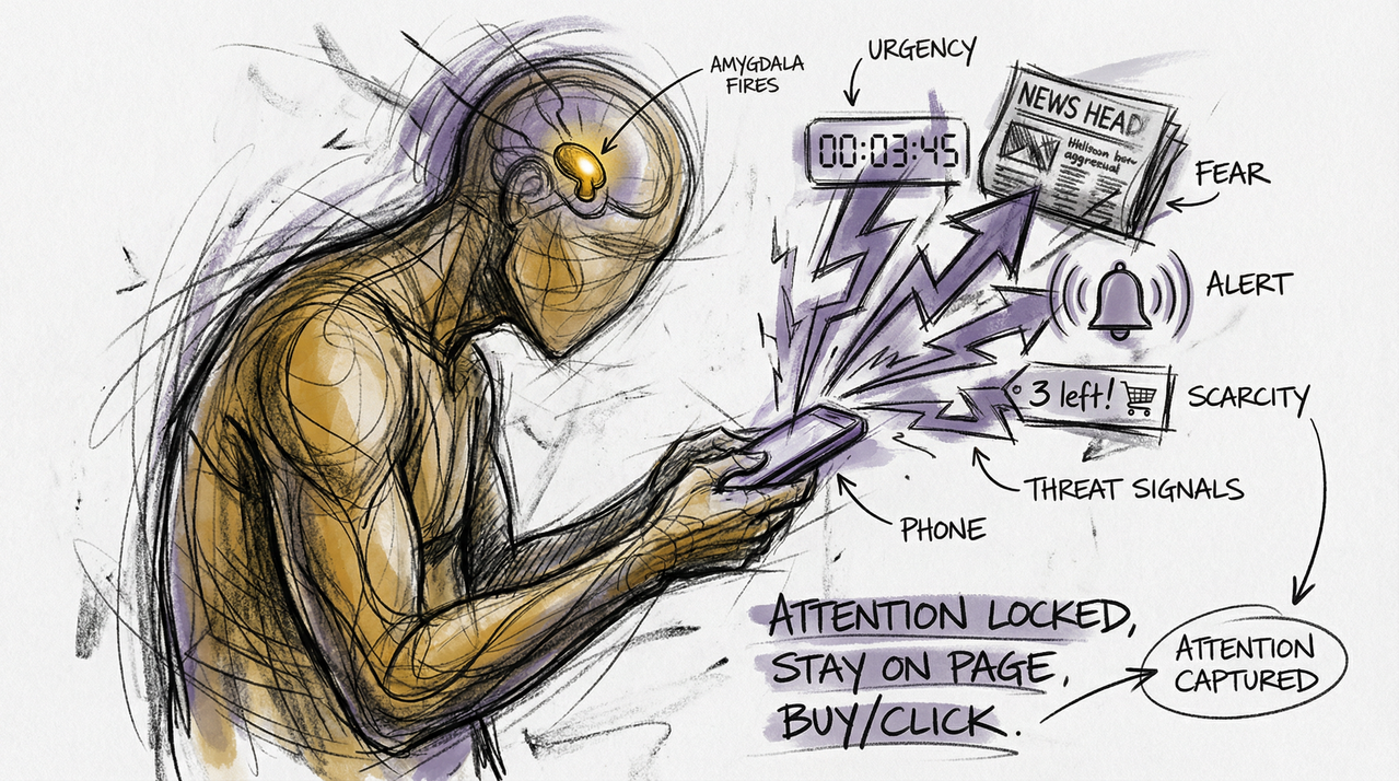 Educational diagram showing how digital media and marketing deliberately activate the threat response cycle