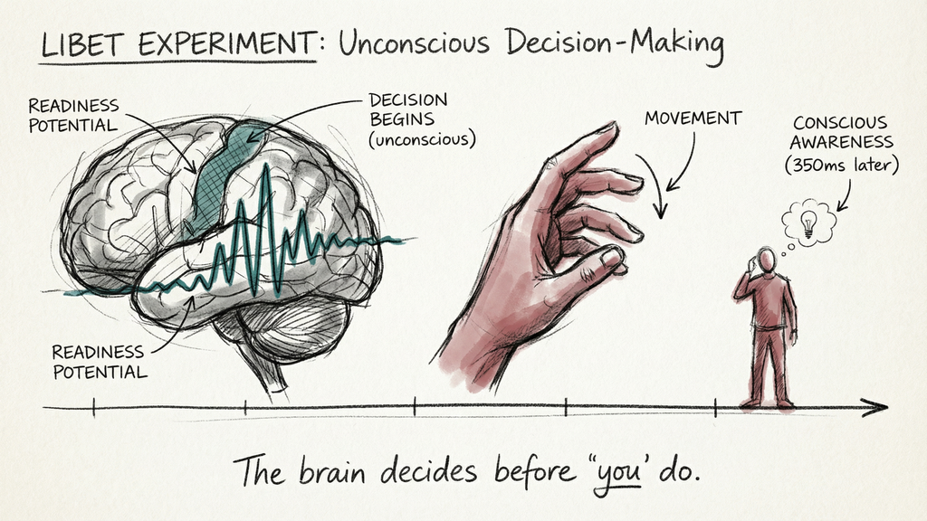Charcoal diagram of the Libet experiment showing readiness potential building before conscious awareness of a decision