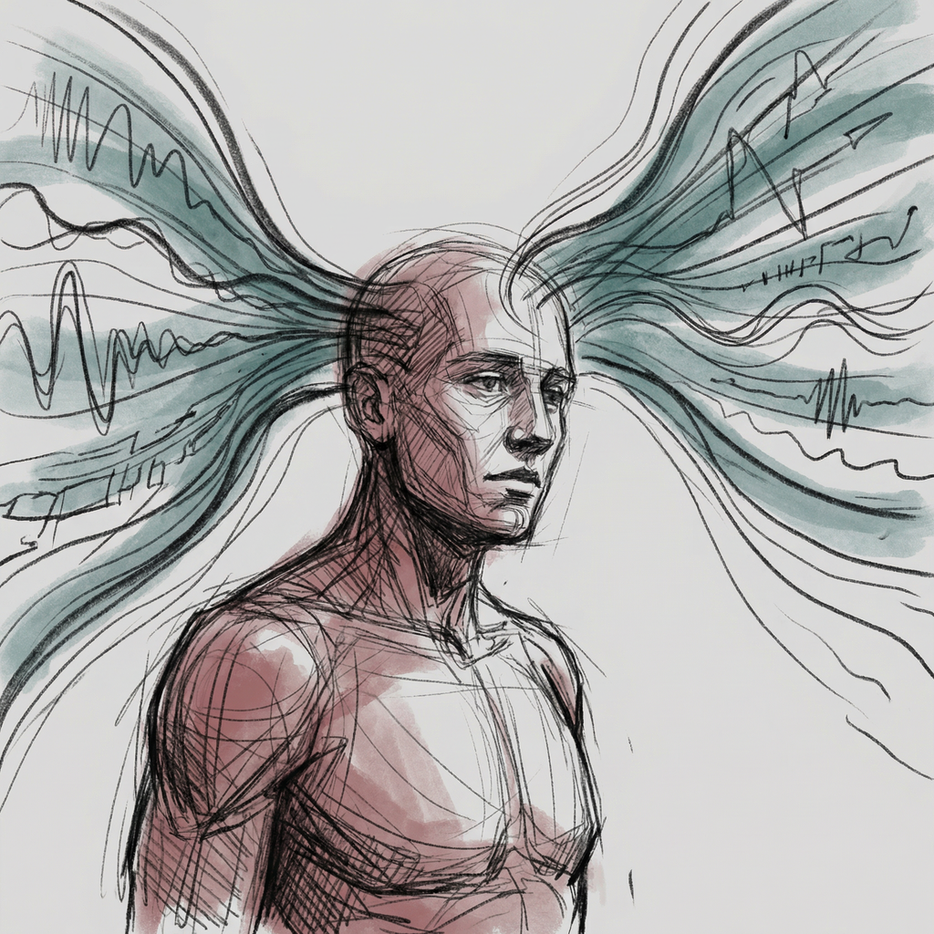 A charcoal sketch of a human figure with sensory data streams flowing inward from all directions