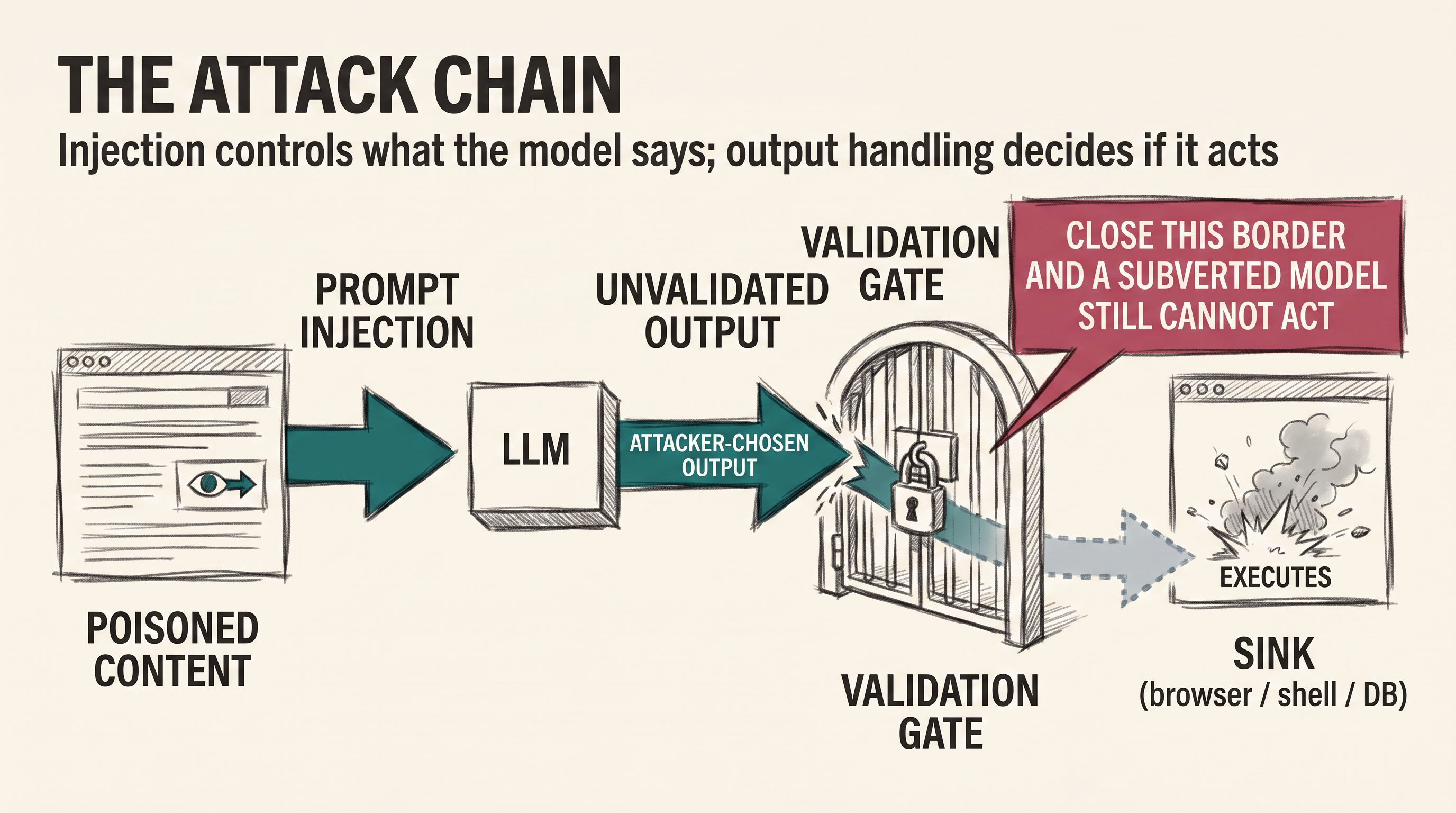 An attack chain in two stages: prompt injection steers the model, then unvalidated output reaches a sink and executes, with a validation gate shown breaking the chain, drawn as a charcoal editorial diagram