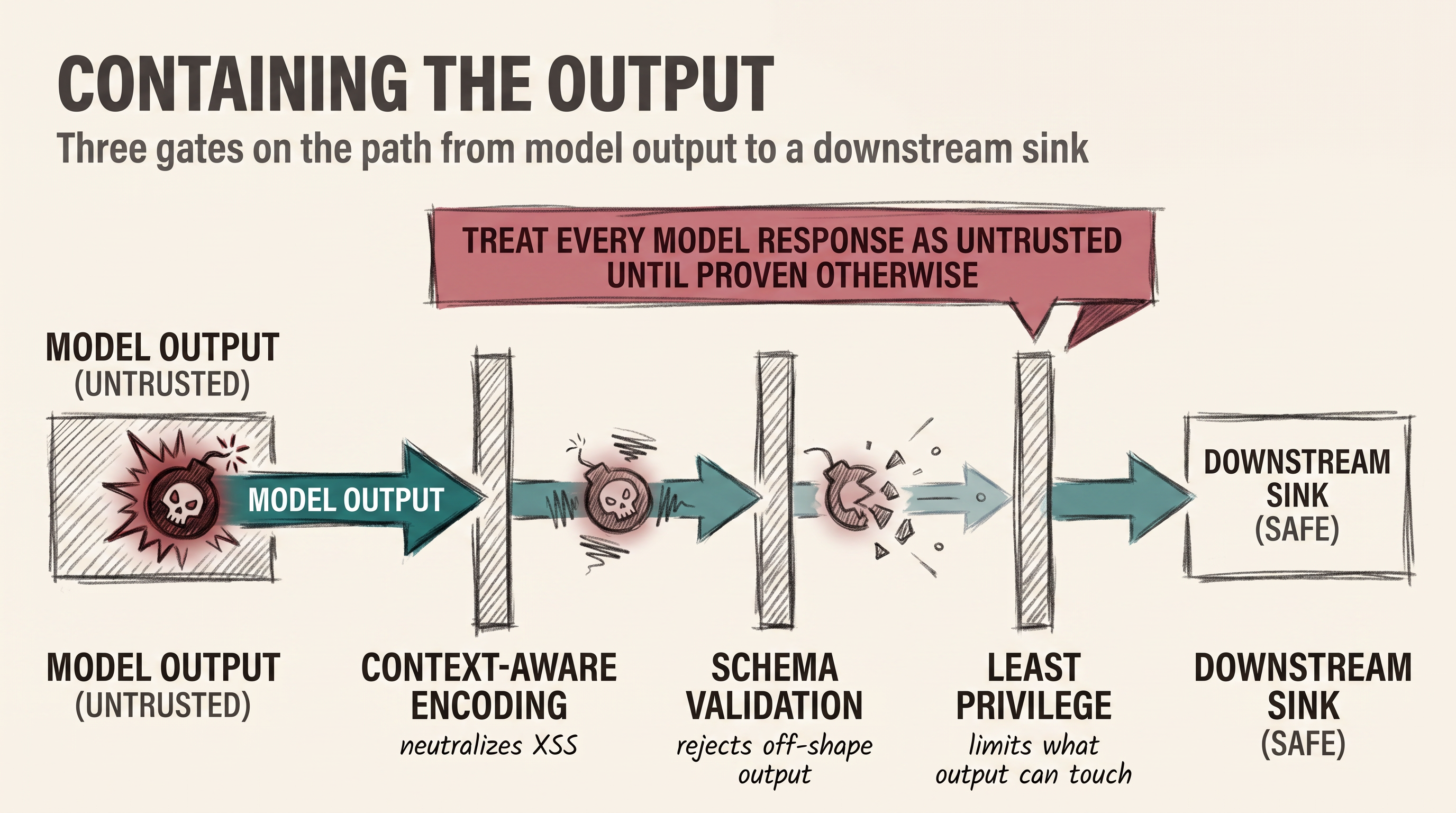 Three stacked defenses on the path from model output to a downstream sink: context-aware encoding, schema validation, and least privilege, each labeled with what it neutralizes, drawn as a charcoal editorial diagram
