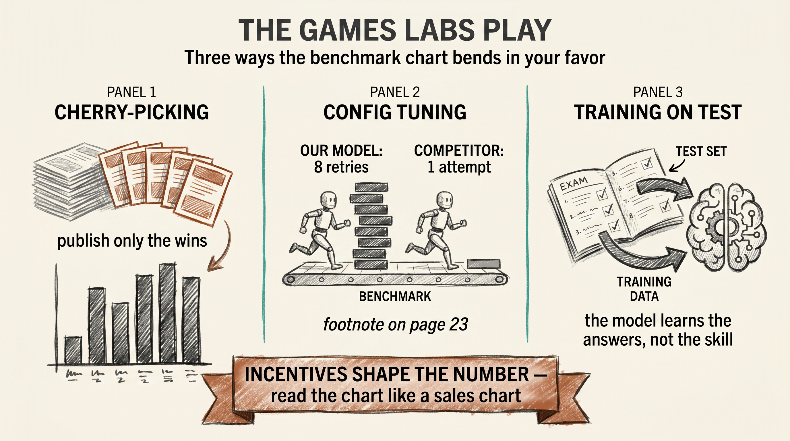 Diagram: three ways labs game benchmarks — cherry-picking which scores to publish, tuning evaluation configuration in their favor, and training on data that resembles the test