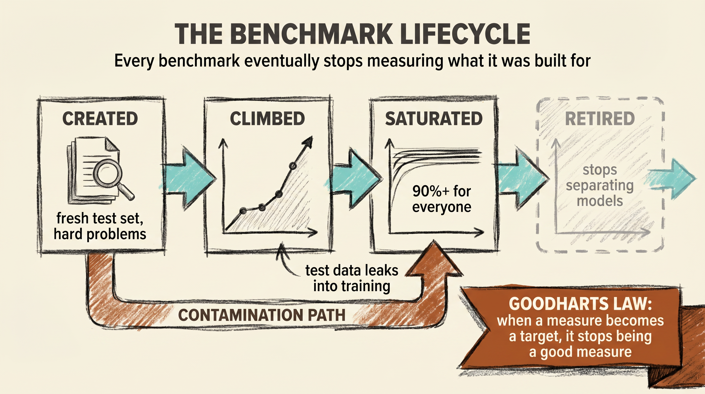 Diagram: lifecycle of a benchmark from creation to saturation, with contamination as a parallel decay path