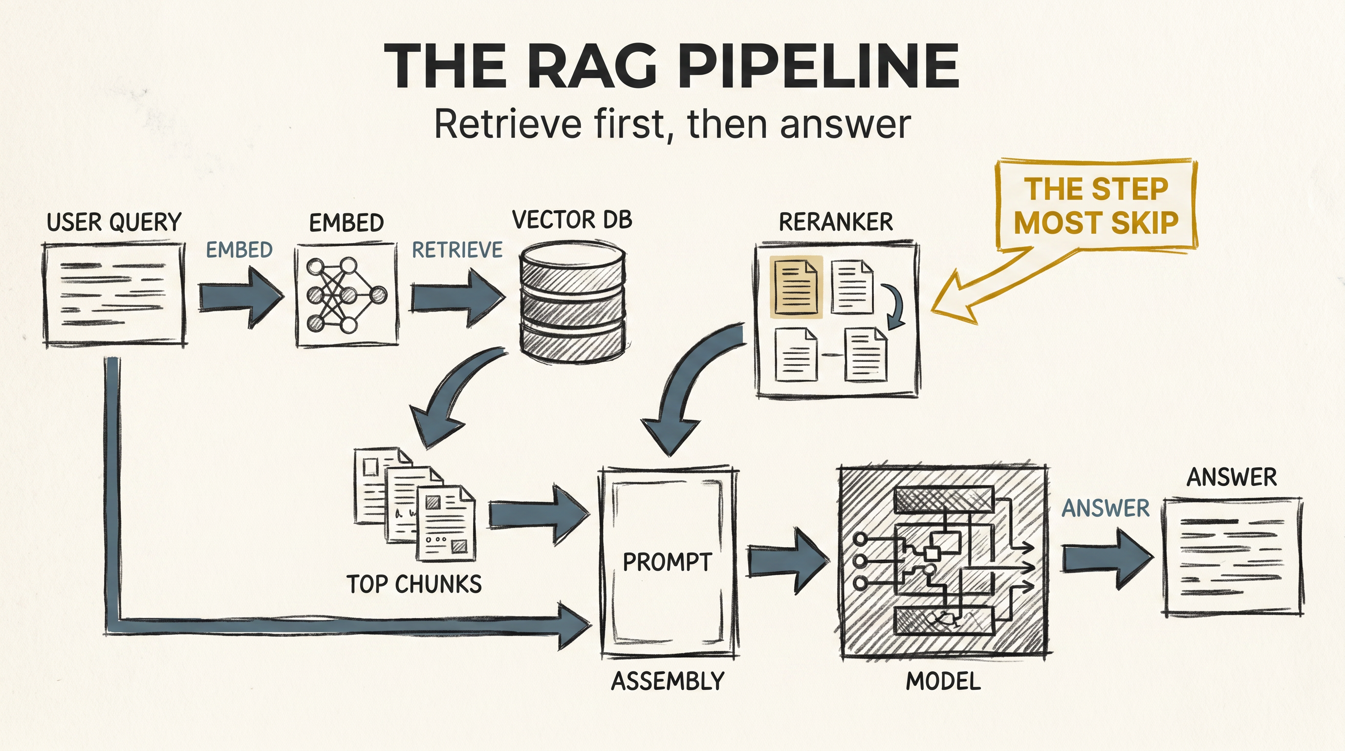 Diagram: the RAG pipeline: user query, embed, retrieve from vector store, rerank, paste top chunks into prompt, model answers
