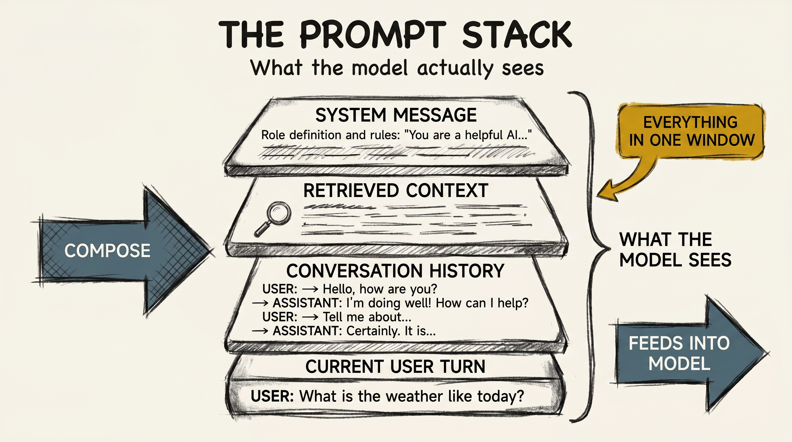 Diagram: the prompt stack, showing how system message, retrieved context, conversation history, and current user turn assemble into a single input the model sees