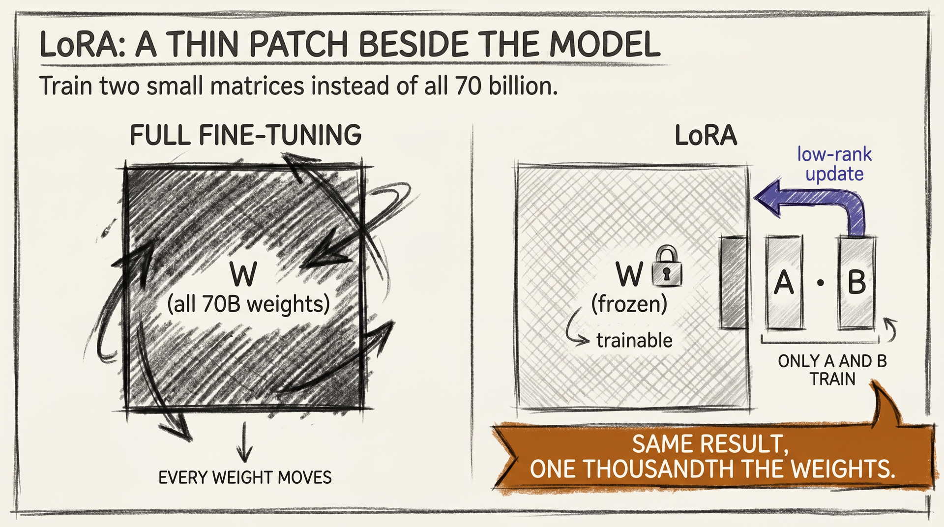 Concept: side-by-side charcoal sketch showing full fine-tuning as a giant W matrix being repainted, versus LoRA as the same W frozen with two small matrices A and B added beside it, with a callout labeled SAME RESULT, ONE THOUSANDTH THE WEIGHTS