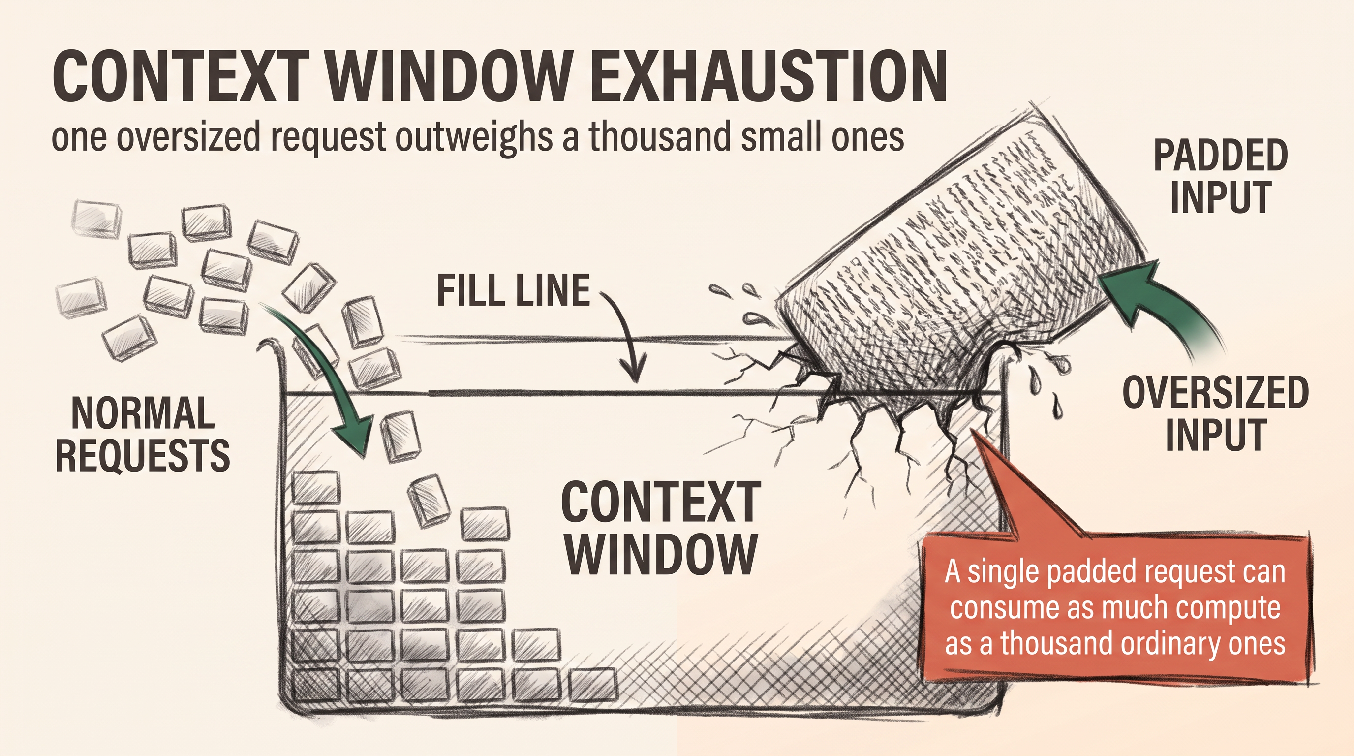 A context window drawn as a container with a fill line, small normal requests trickling in below the line while one oversized padded input overflows past it and cracks the wall, drawn as a charcoal editorial diagram