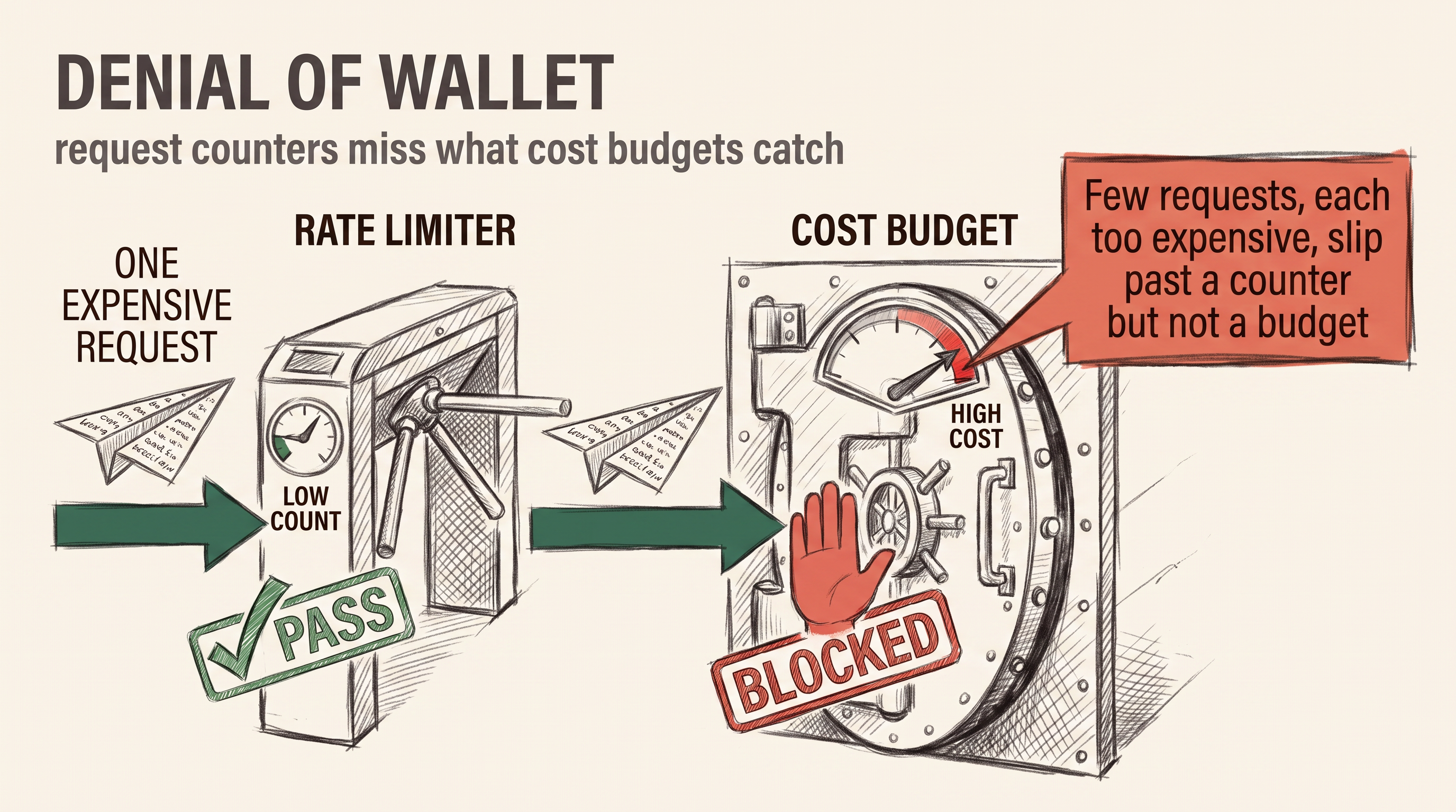 A single expensive request passing a turnstile-style rate limiter that shows a low count and stamps it as passed, then reaching a vault-style cost budget check that shows a high-cost dial and blocks it, drawn as a charcoal editorial diagram