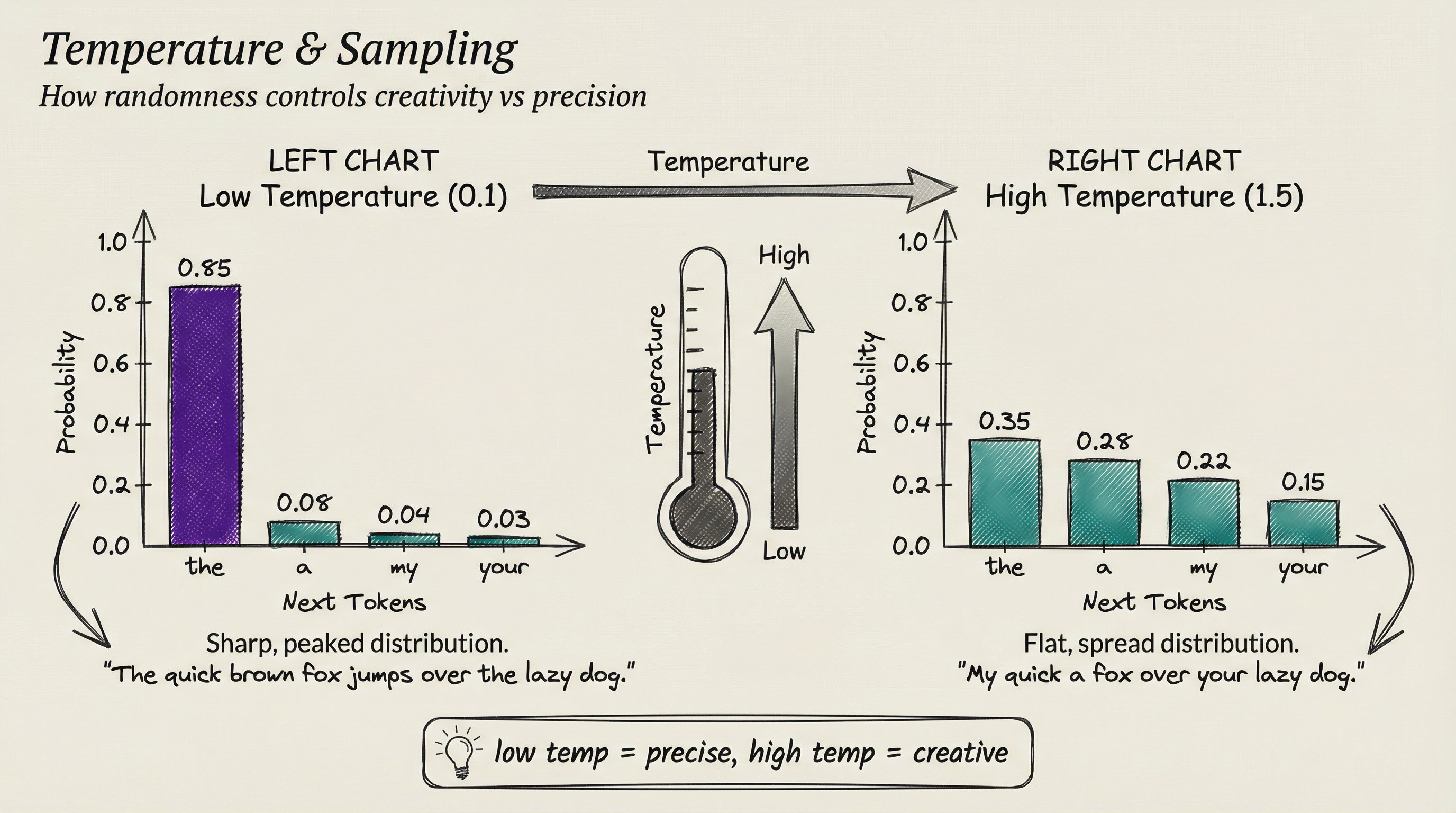 Temperature and sampling diagram showing probability distributions at different temperature settings