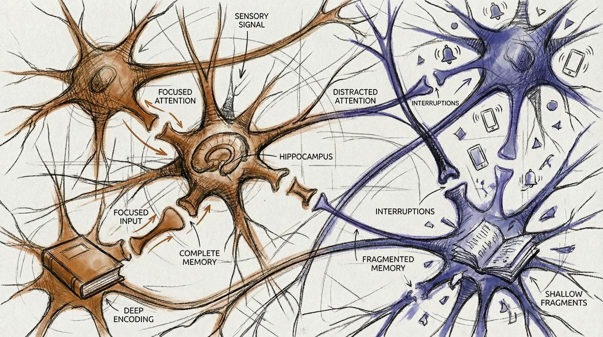 Charcoal sketch comparing focused attention creating complete memories versus distracted attention creating fragmented shallow memories