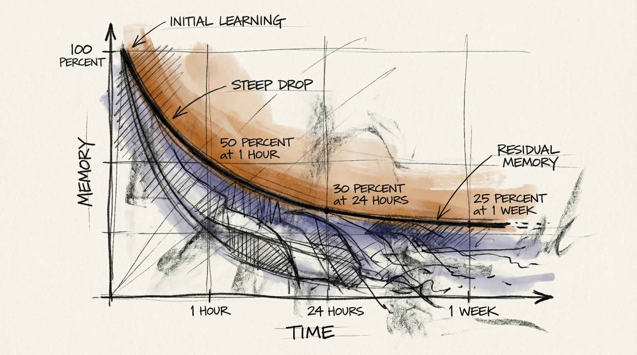 Charcoal sketch of the Ebbinghaus forgetting curve showing steep memory drop from 100 percent to 50 percent at 1 hour, 30 percent at 24 hours, and 25 percent at 1 week