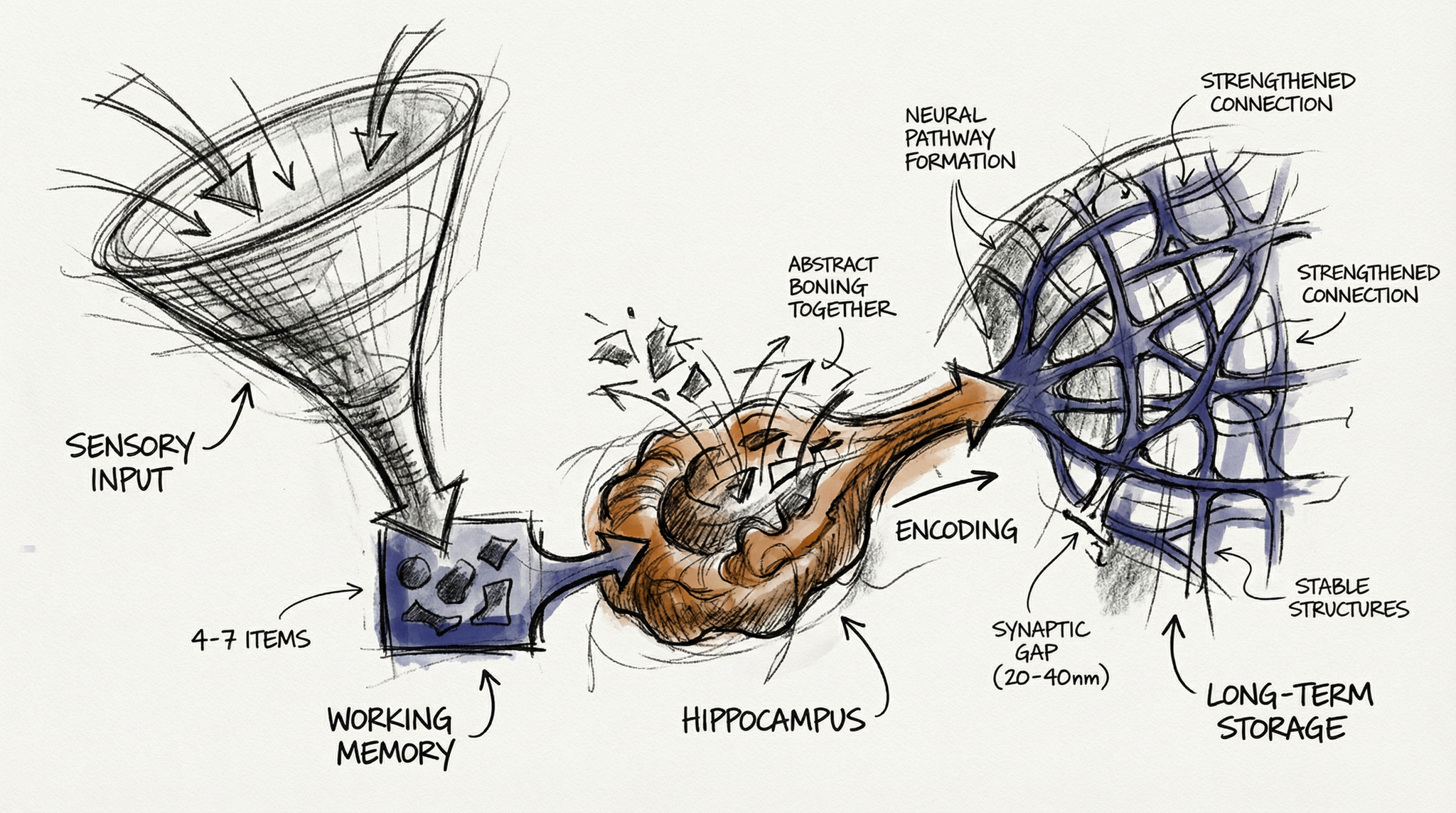 Charcoal sketch showing the three stages of memory: sensory input through a funnel to working memory, hippocampus encoding, and long-term storage in the neocortex