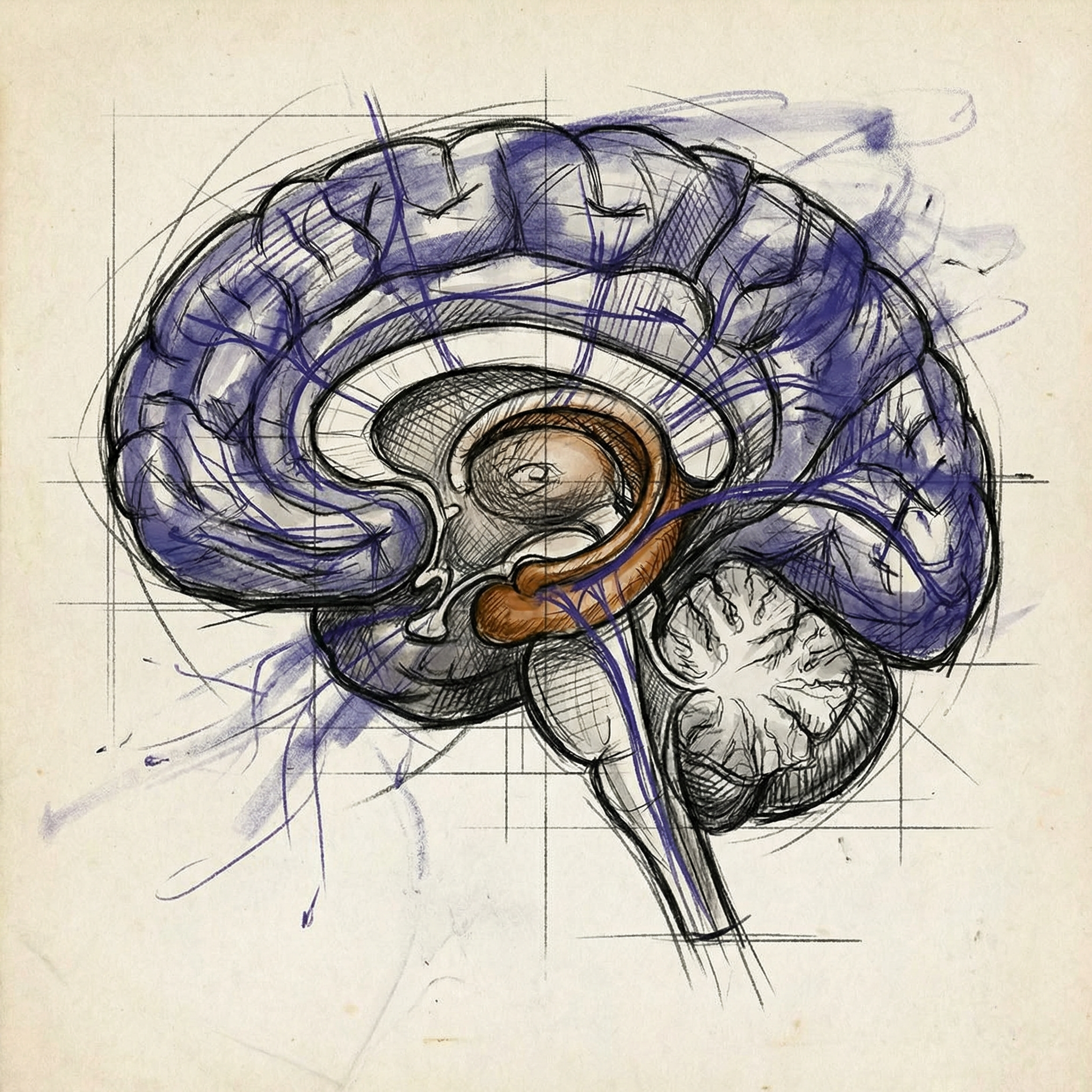 A charcoal sketch of the human brain with memory pathways highlighted
