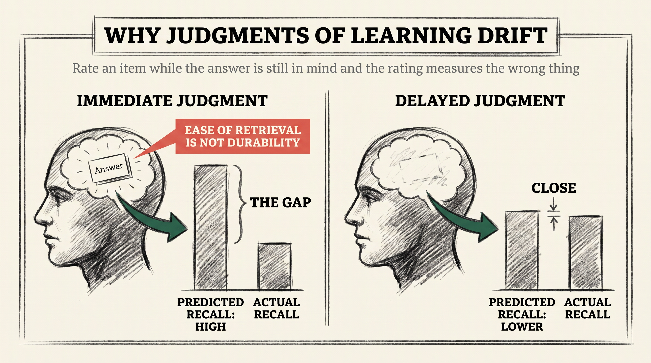Why Judgments of Learning Drift: an immediate rating is inflated by the answer still sitting in mind, a delayed rating tracks actual recall