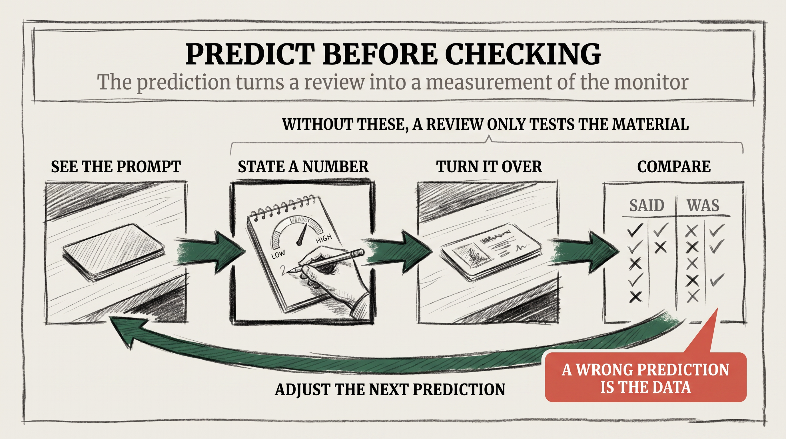 Predict Before Checking: the prediction turns every review into a calibration measurement instead of a confidence rehearsal